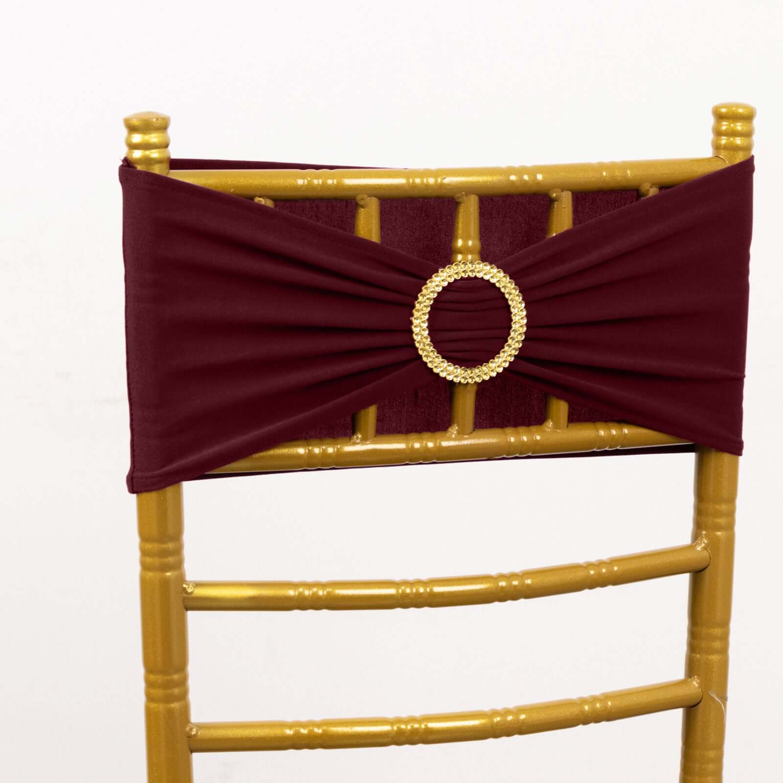 5-Pack Reusable Burgundy Spandex Chair Sashes with Gold Rhinestone Buckles - 4-Way Stretch