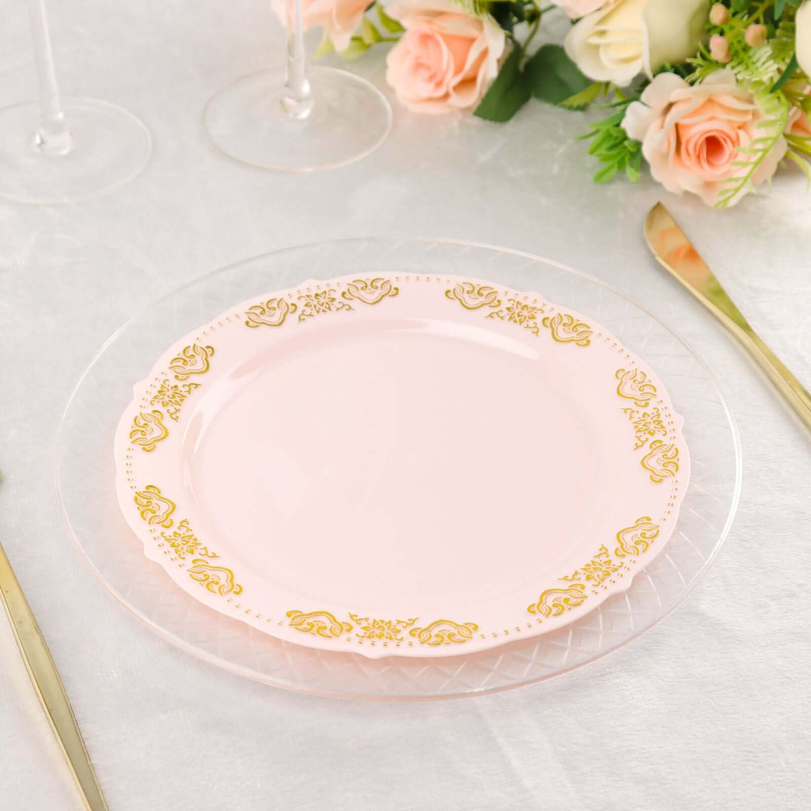 Hot Deal! 10-Pack Disposable Blush Plastic Round Appetizer Plates with Gold Embossed Scalloped Edge for Special Events