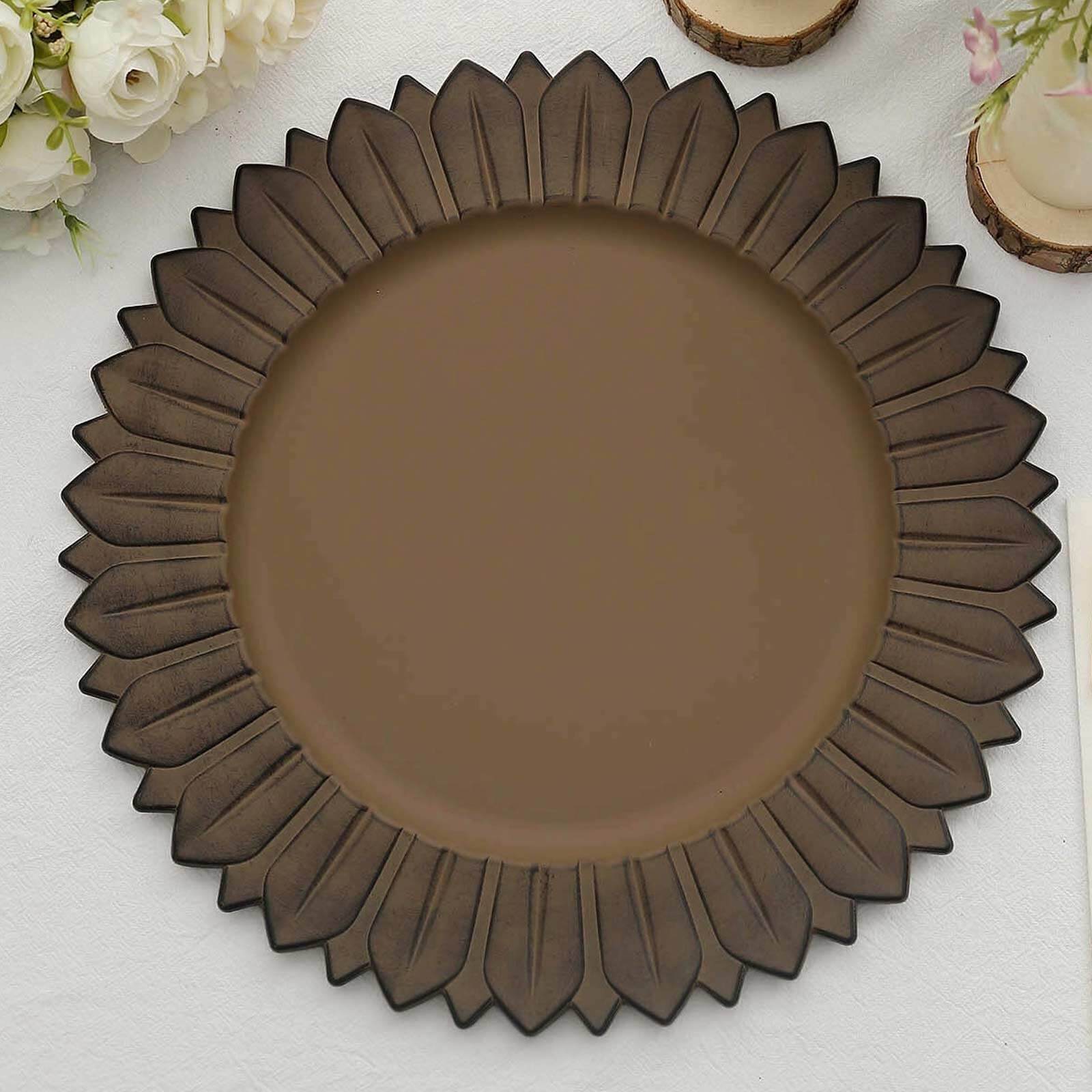 Hot Sale! 6-Pack 13in Plastic Round Disposable Dinner Charger Plates with Sunflower Rim, Matte Natural Finish