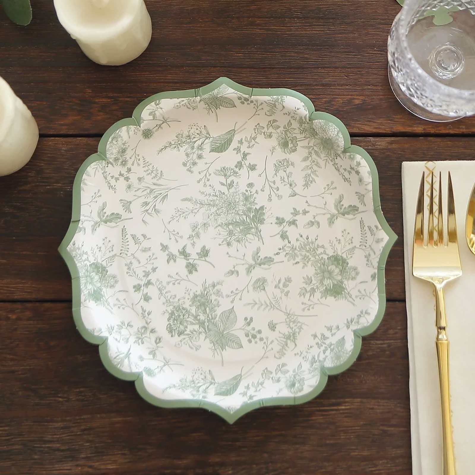 25-Piece Disposable White & Sage Green French Toile 8-Inch Round Dessert Plates for Stylish Tables