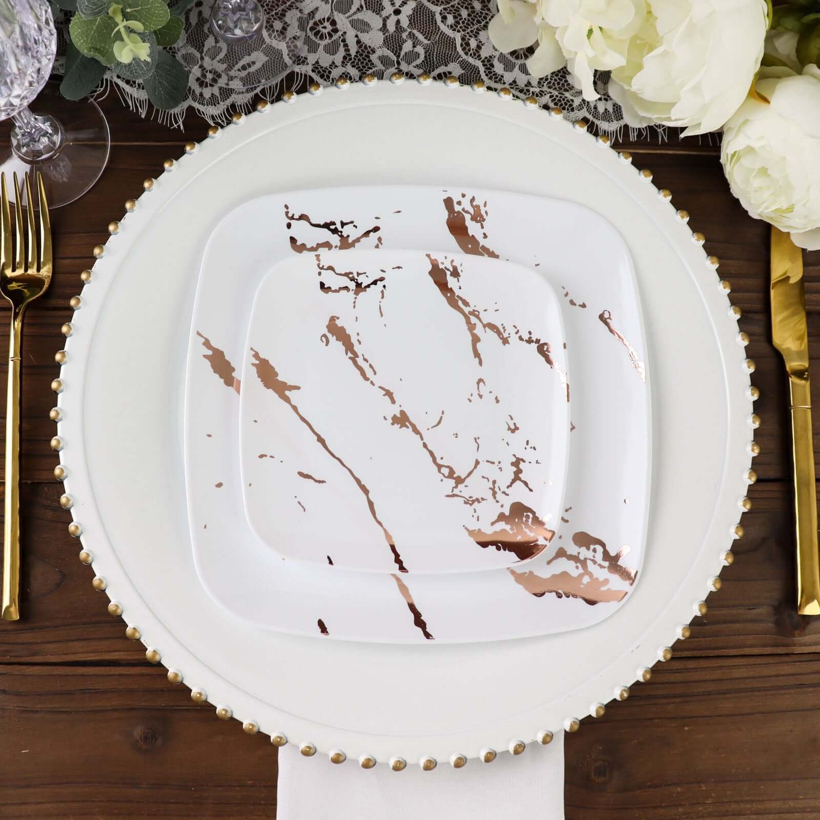 10-Pack Disposable White Plastic Dessert Plates with Rose Gold Marble Design - Ideal for Parties