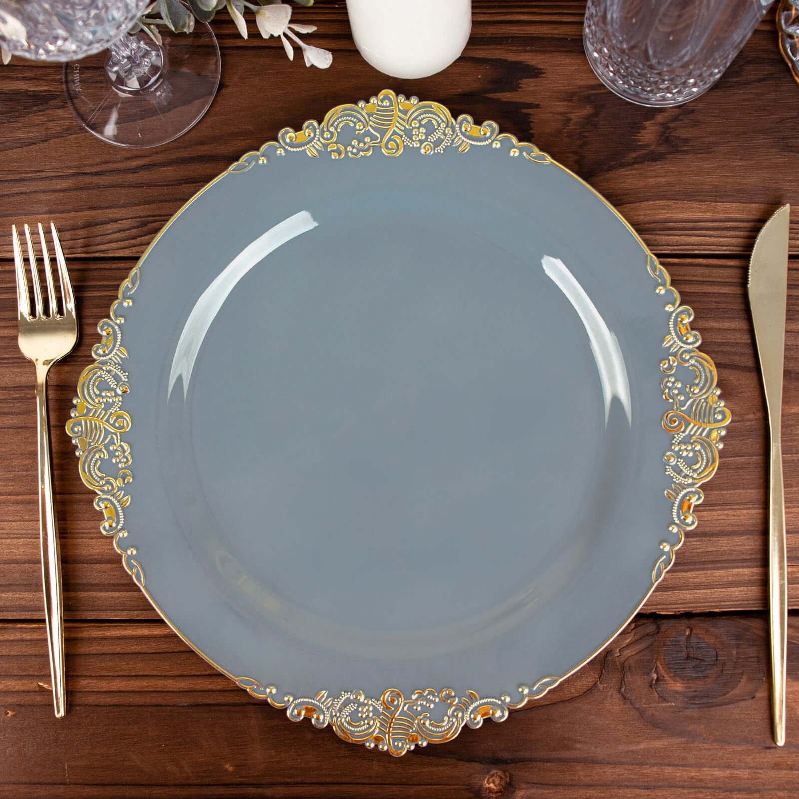 10-Pack Disposable Vintage Baroque Round Dinner Plates in Dusty Blue with Gold Leaf Rim - Great Value!