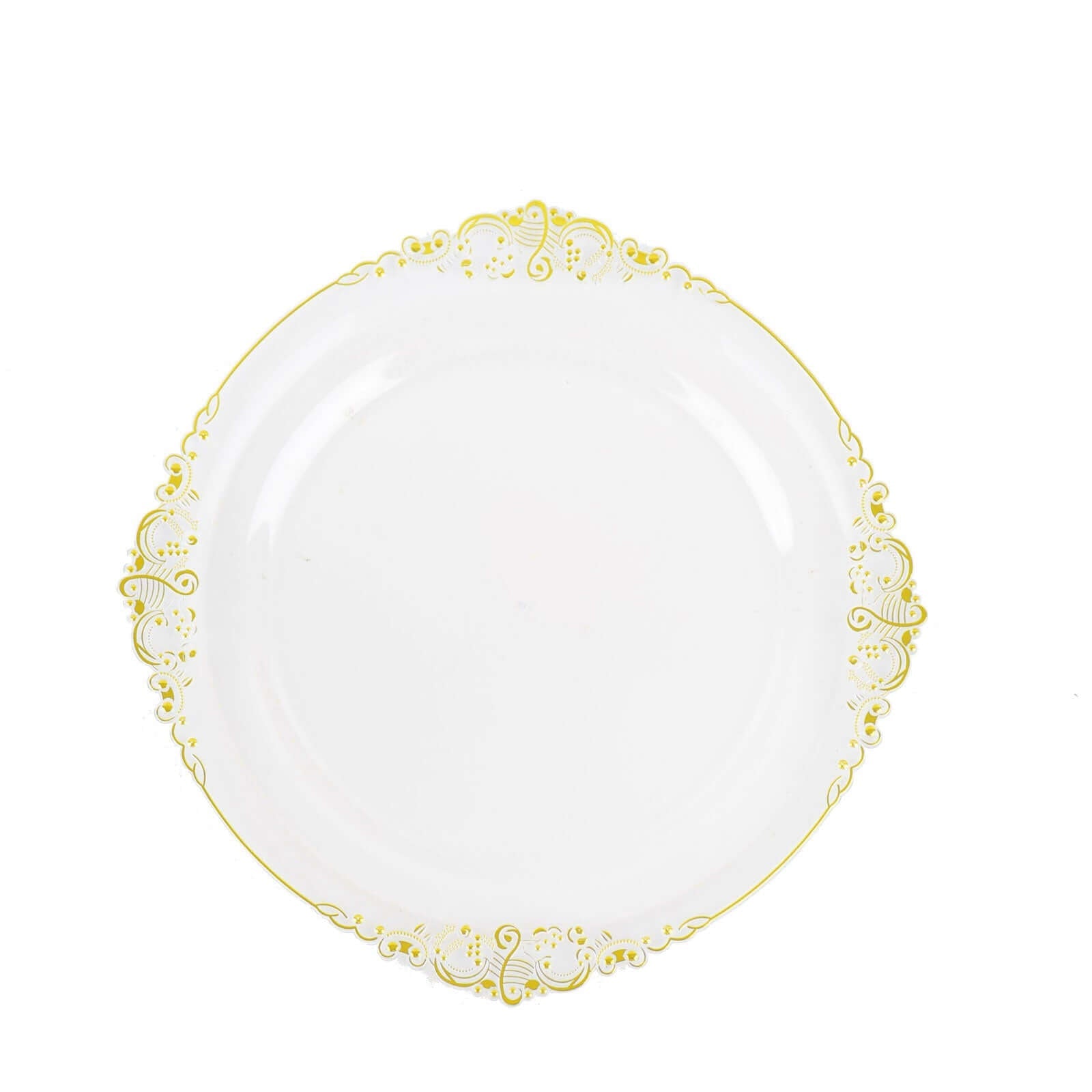 Hot Deal! 10-Pack Disposable Round Plastic Dinner Plates with Gold Leaf Embossed Rim in Vintage Baroque Style