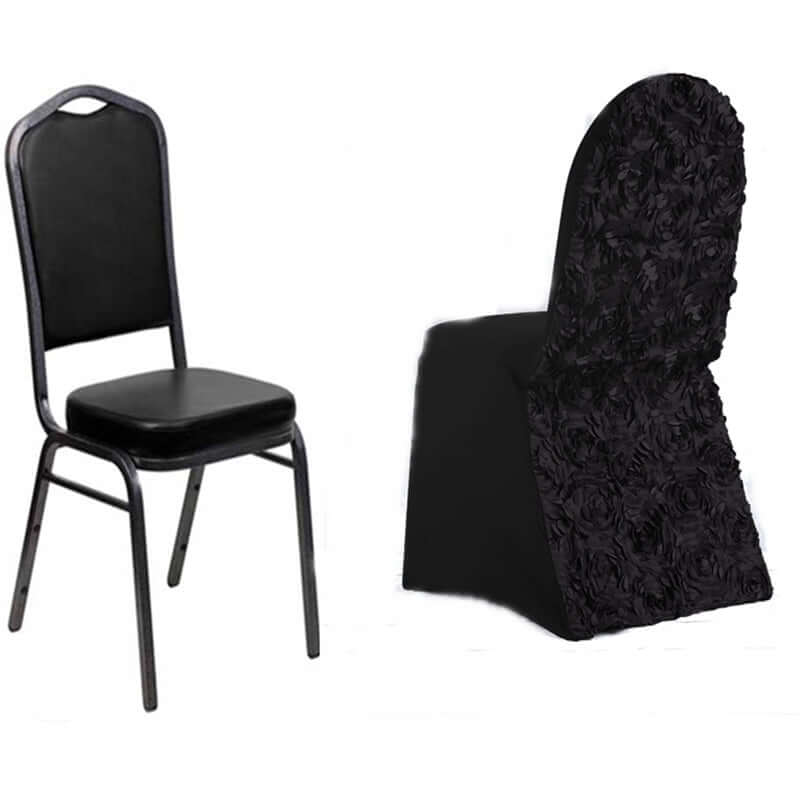 Black Stretch Fitted Satin Rosette Slip-On Cover for Banquet Chairs