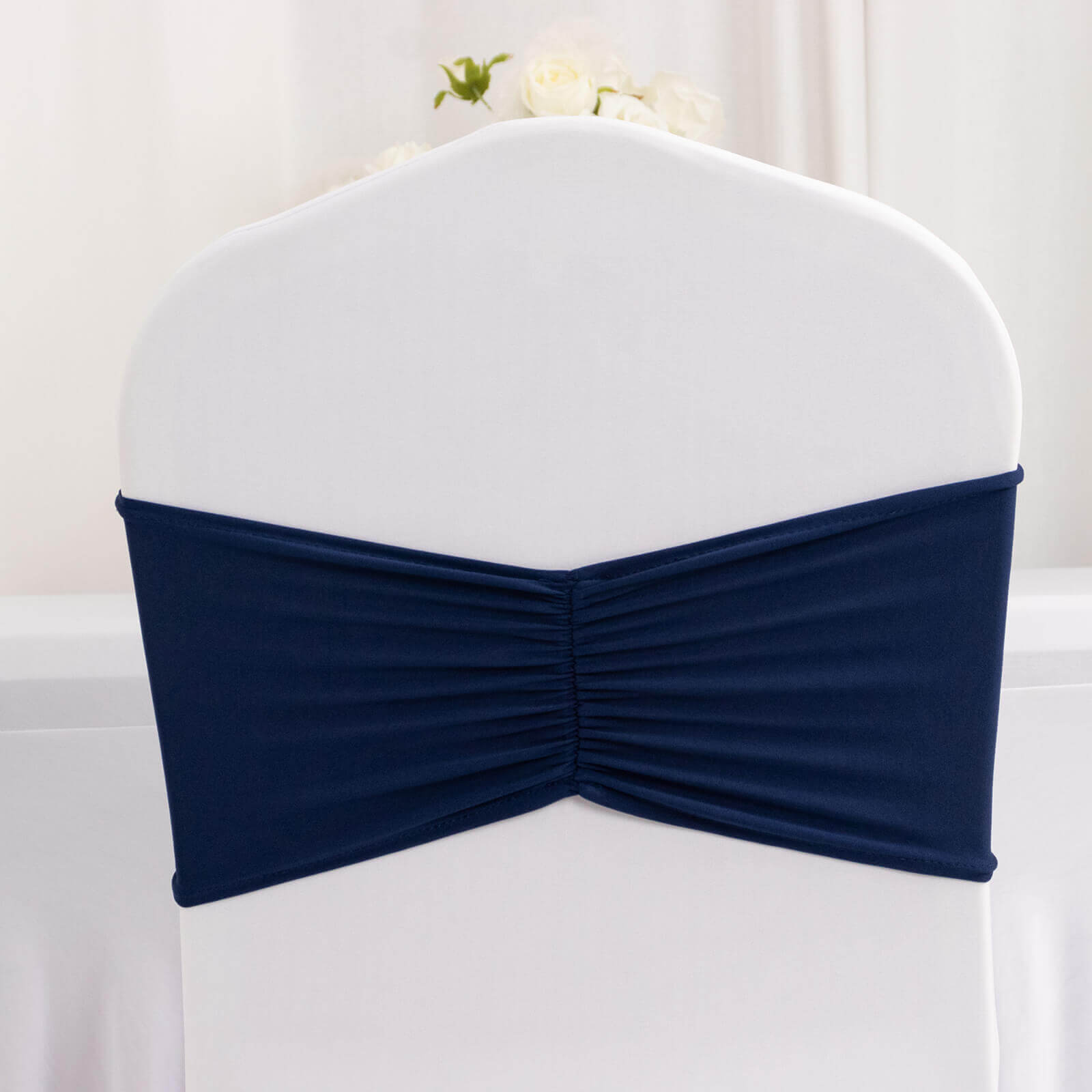 Navy Blue Ruffled Spandex Chair Sashes - 5 Pack, 8x13 Wide Stretch Bands