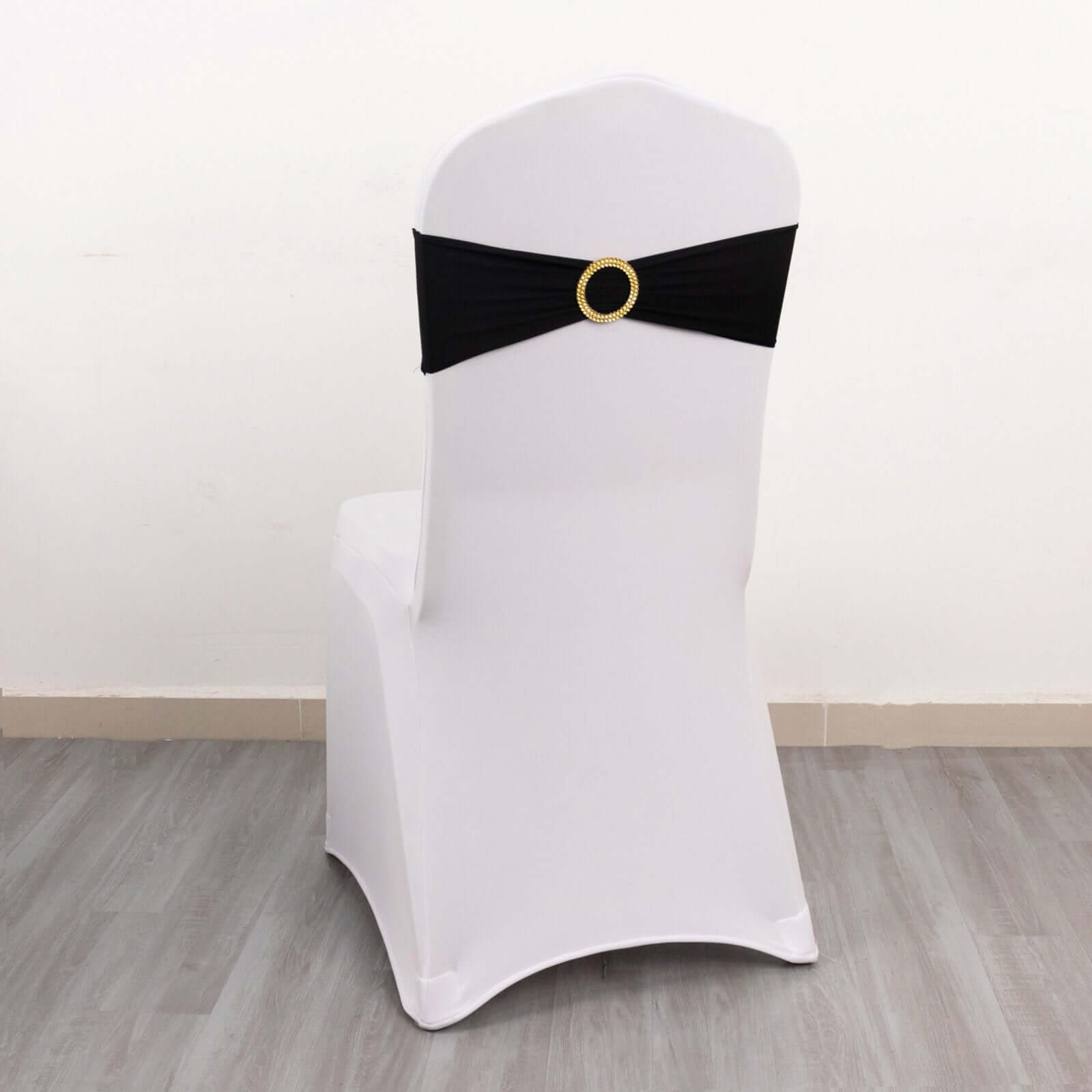 Hot Sale! 5-Piece Set of Reusable Black Spandex Chair Sashes with Gold Rhinestone Plastic Buckles