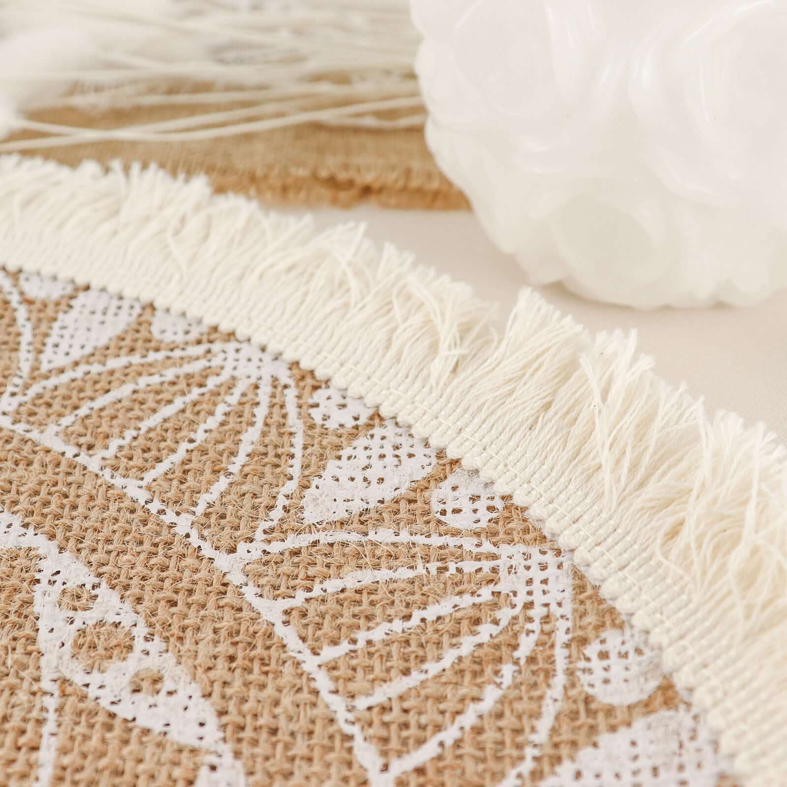 Hot Deal! 4-Pack Round Mandala Print Jute Placemats with Fringe and Tassel Design, Natural and White