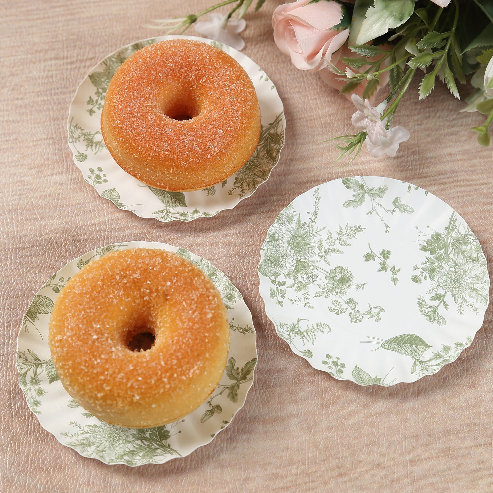 100-Pack Disposable White & Sage Green French Toile Mini Round Dessert Plates for Party