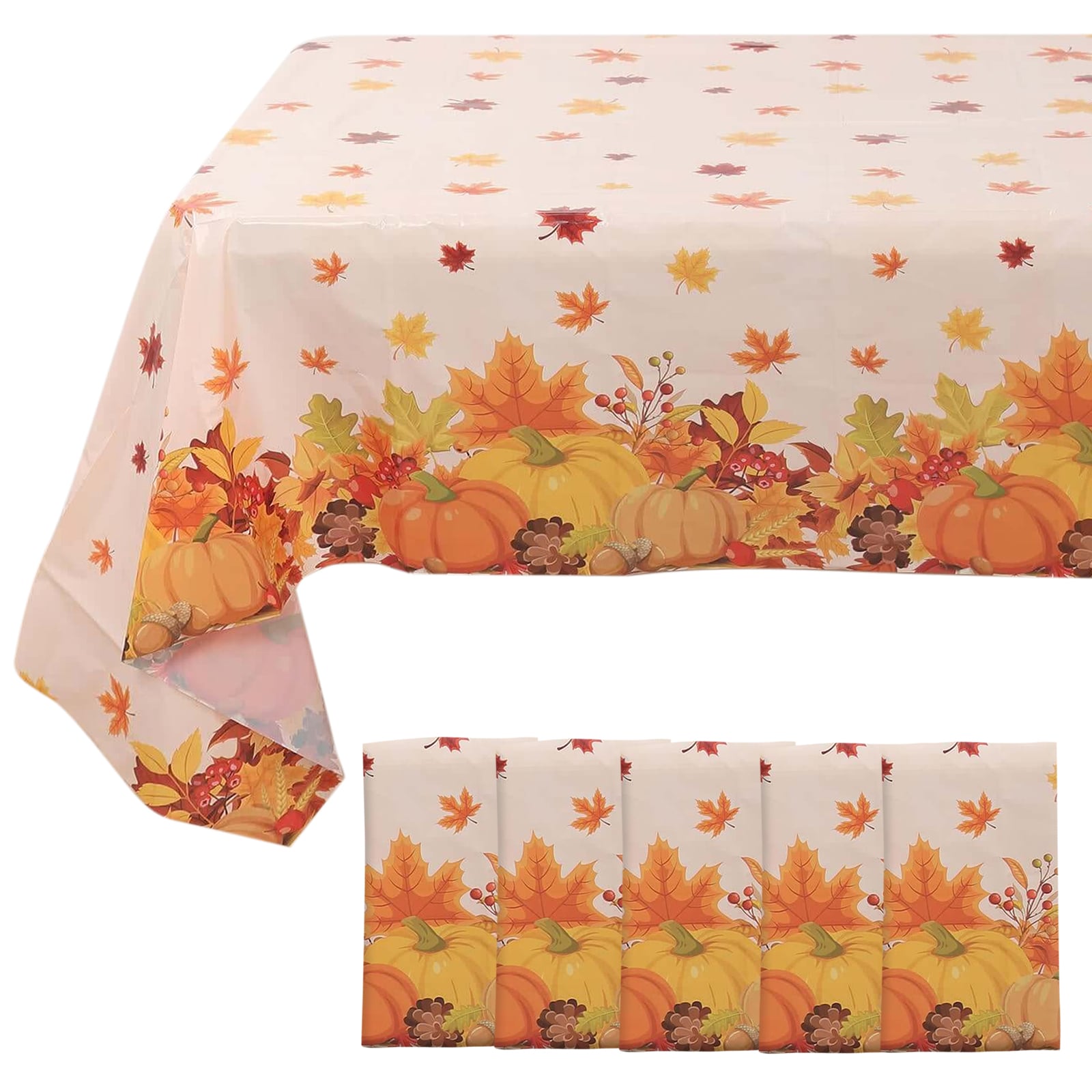 5-Pack Orange Thanksgiving Plastic Rectangle Tablecloths with Fall Leaves & Pumpkin Print - Festive PVC Disposable Covers