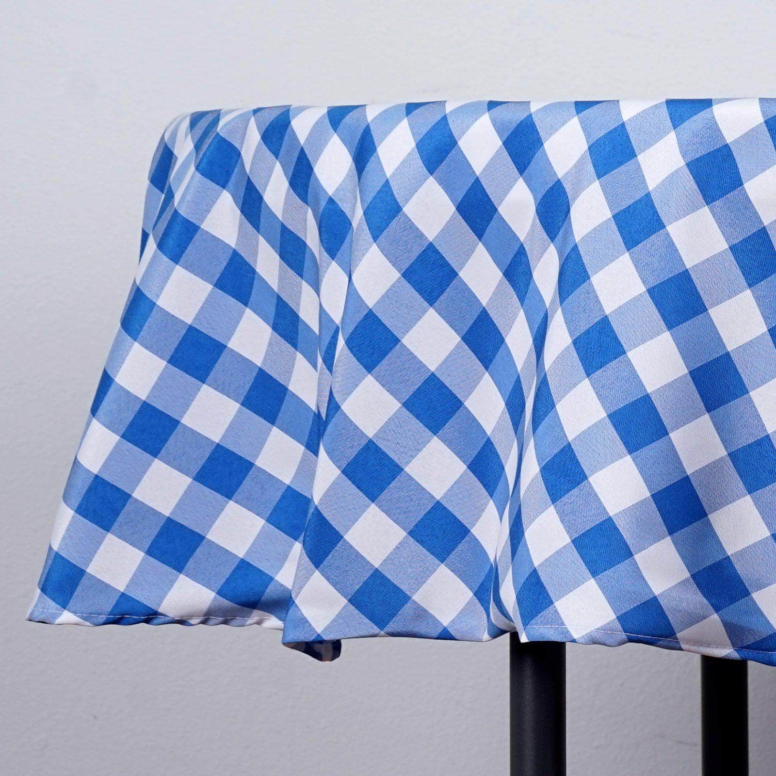 Hot! 70" Polyester Round Checkered Buffalo Plaid Tablecloth in White/Blue