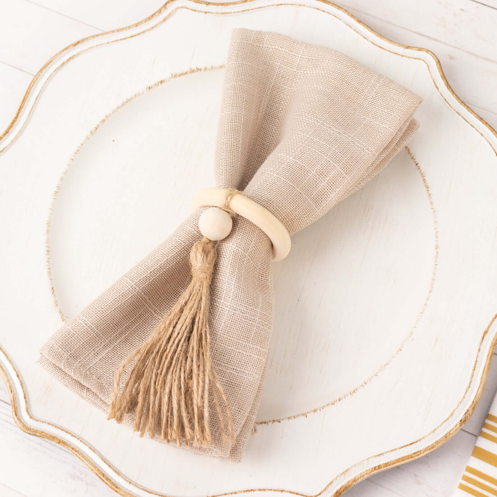 4-Pack Cream Wooden Napkin Rings with Jute Tassels - Rustic Boho Style