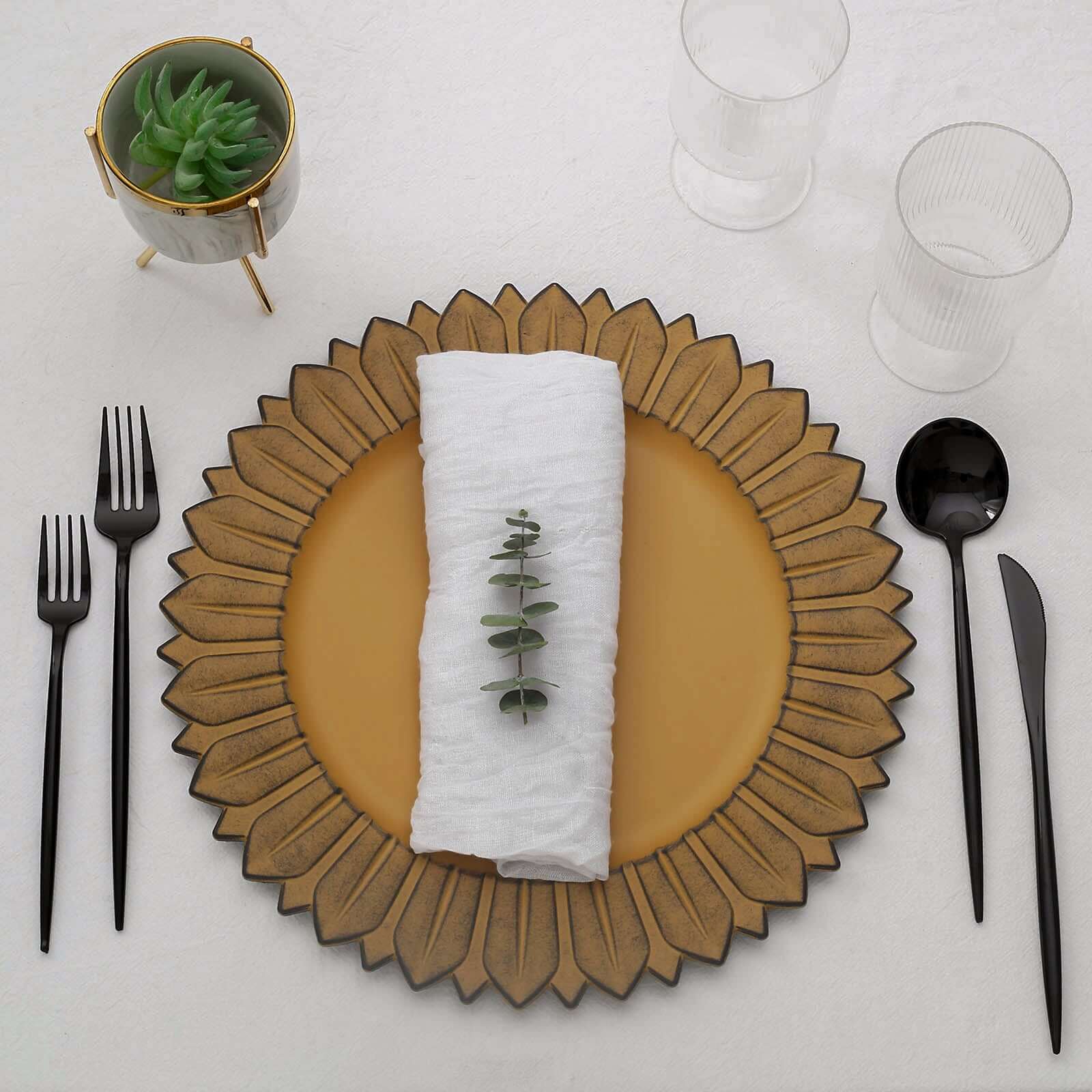 6-Piece Set of 13-Inch Matte Mustard Yellow Plastic Round Charger Plates with Sunflower Rim