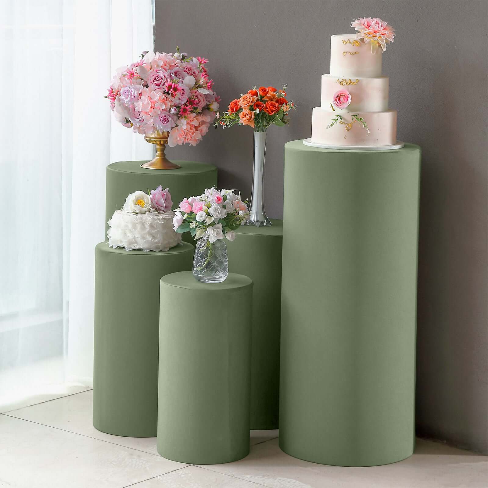 Hot! Set of 5 Stretchable Dusty Sage Green Spandex Pedestal Stand Covers, 160 GSM