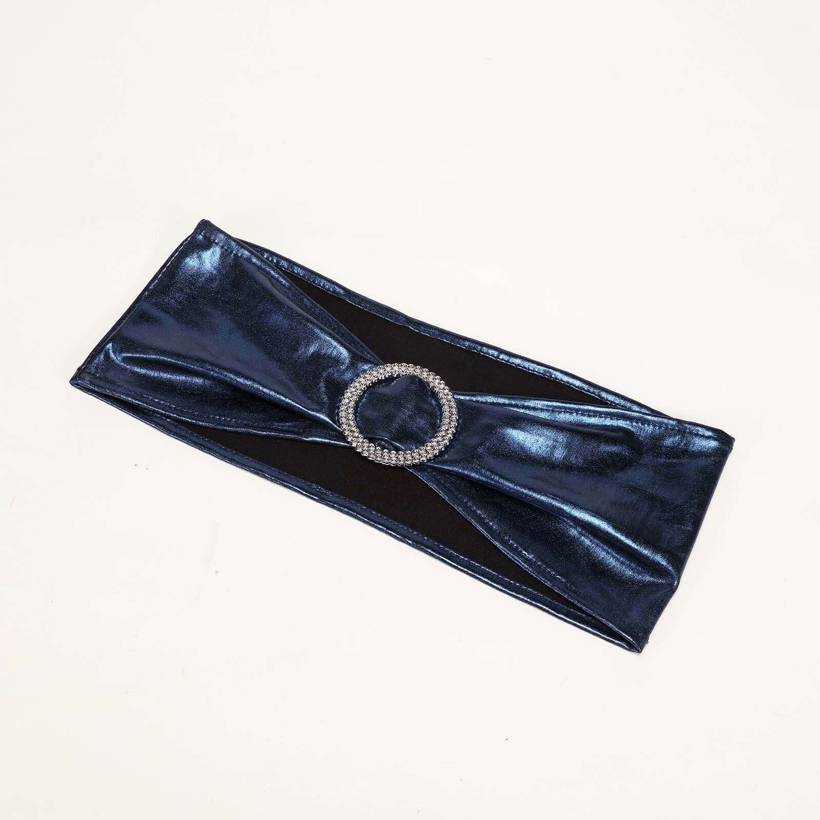 5-Pack Navy Blue Metallic Spandex Chair Sashes with Round Diamond Plastic Buckles - Ideal for Decor