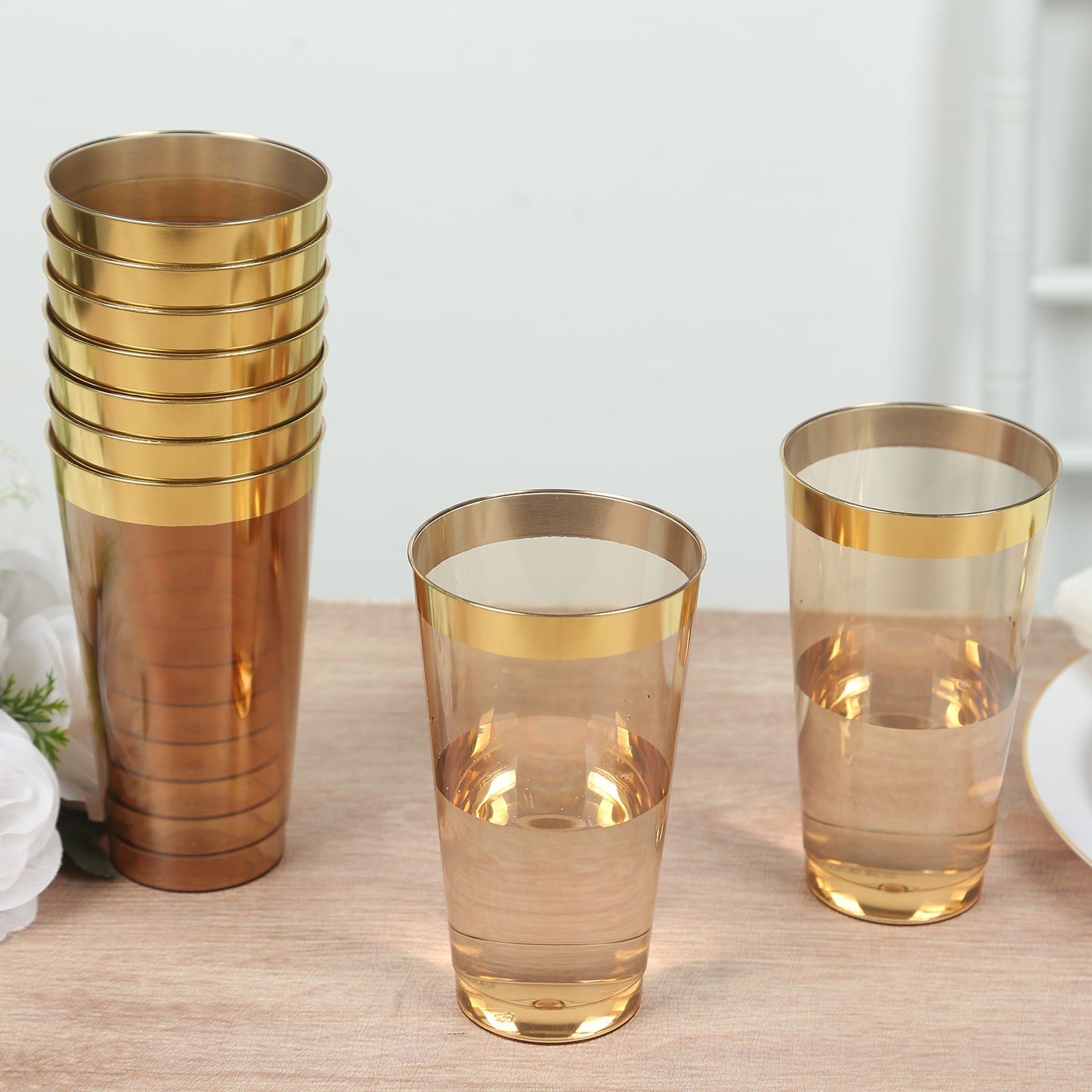 12-Pack 17oz Durable Disposable Plastic Party Cups - Transparent Amber Gold with Gold Rim