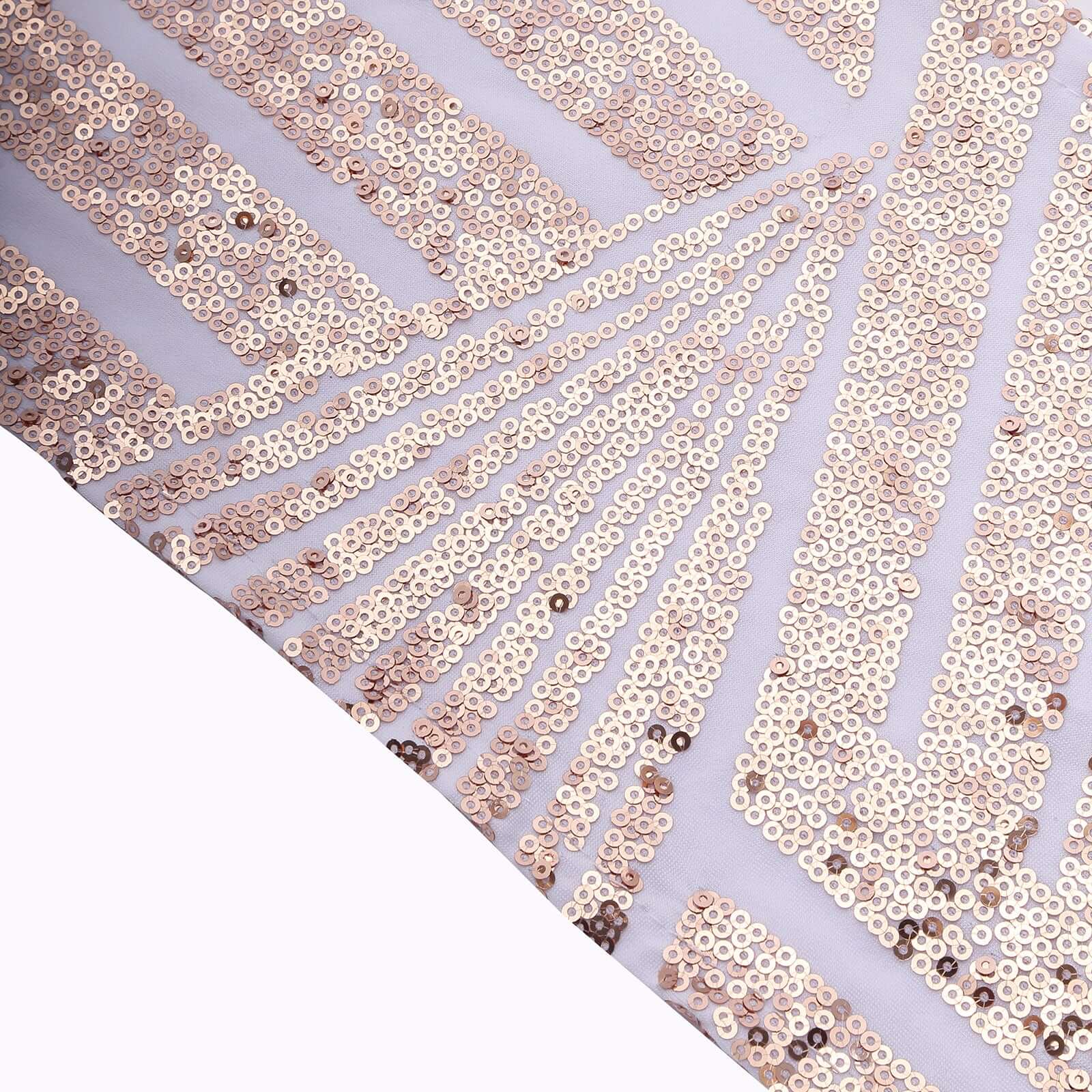 5-Piece Set of Stretchable Sequin Spandex Chair Sashes in White with Rose Gold Geometric Diamond Design
