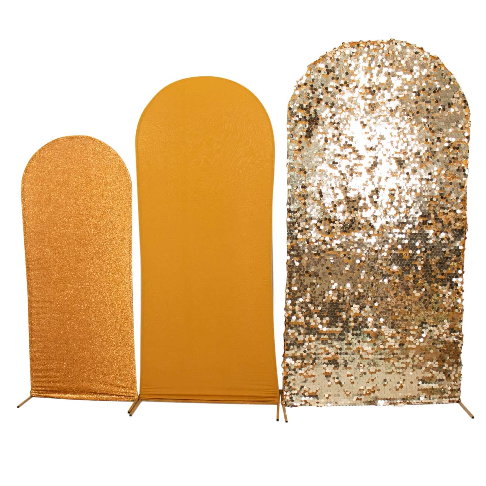 3-Piece Gold Round Top Wedding Arch Frame Covers in Sequin, Tinsel & Spandex