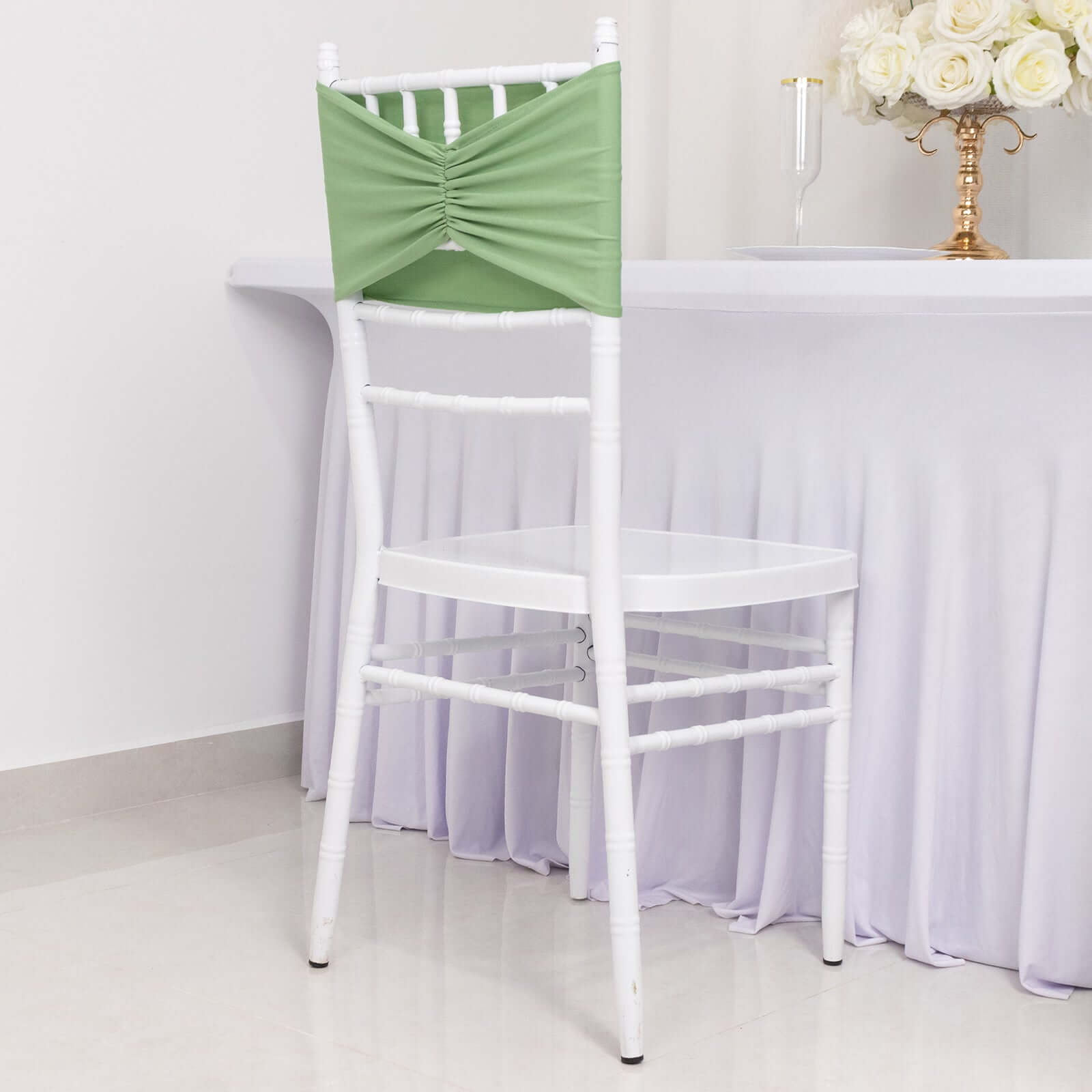 Hot Deal! 5-Pack Sage Green Ruffled Spandex Chair Sashes - Wide & Stretchable