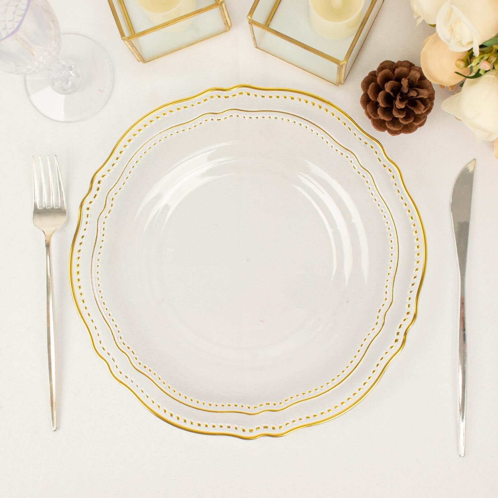 Hot Deal! 10-Pack Disposable Plastic Dinner Plates in Clear with Gold Scalloped Rim, 9 Inches