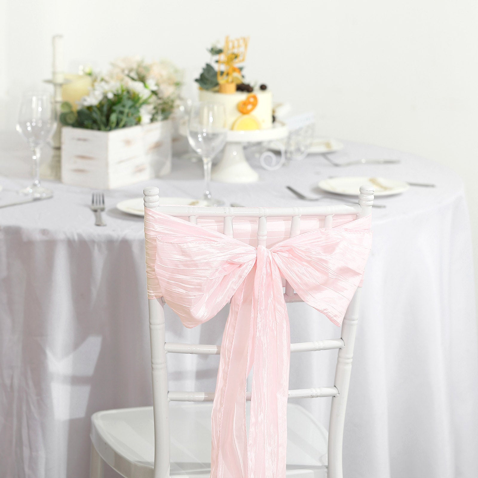 5-Piece Blush Accordion Crinkle Taffeta Chair Sashes, 6x106 - Ideal for Weddings & Gatherings
