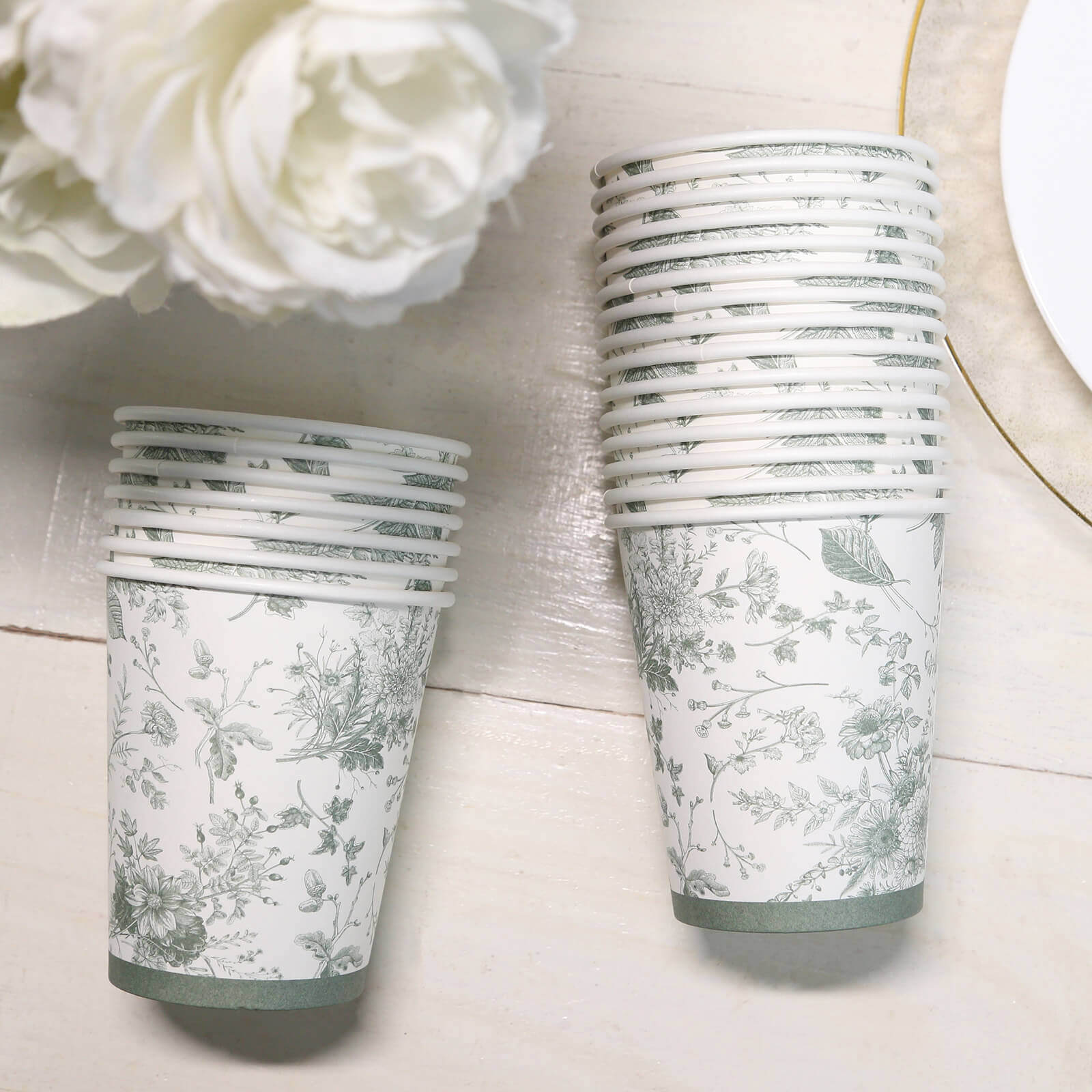 24-Piece 9oz Disposable Paper Party Cups in Elegant White & Sage Green French Toile Design