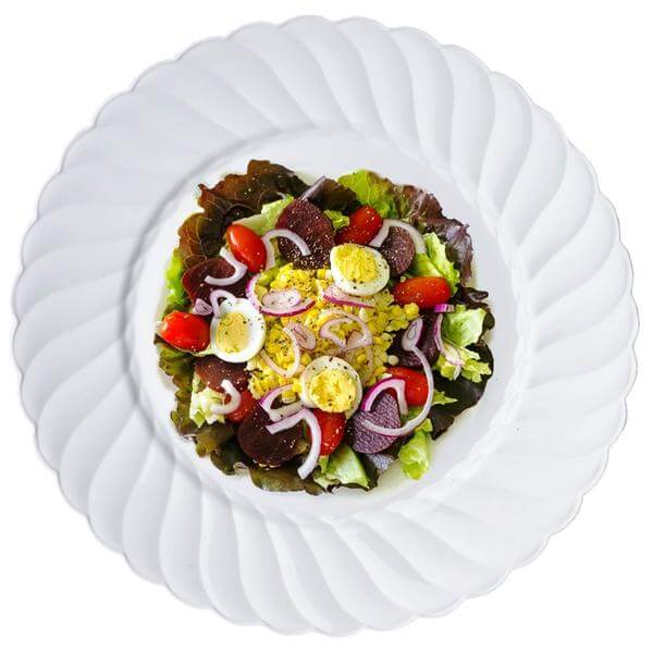 12-Piece Set of Durable Disposable Glossy White Swirl Rim Plastic Dinner Plates, 10 Inches