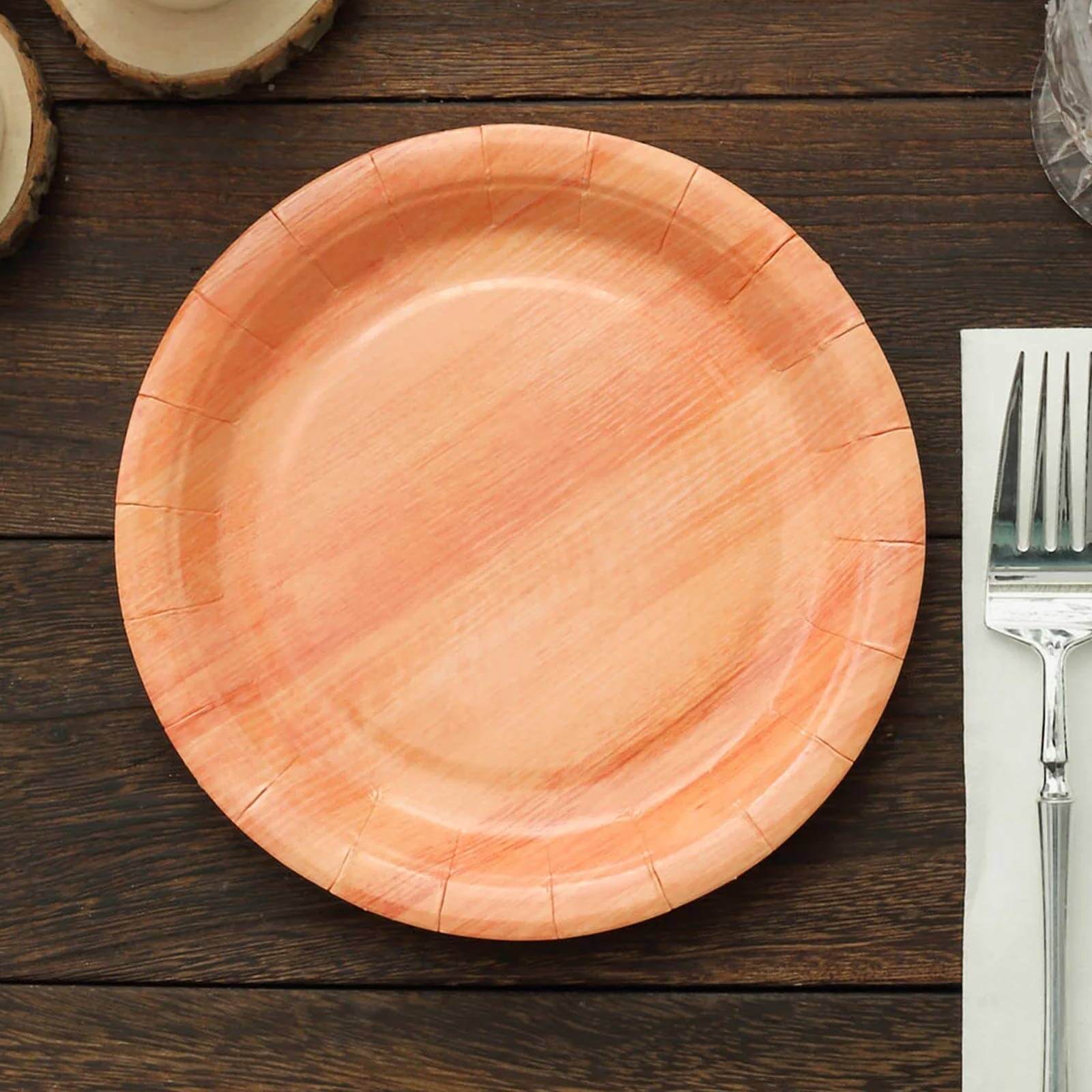 25-Pack 7-Inch Disposable Round Paper Dessert Plates with Natural Wood Grain Print for Rustic Events