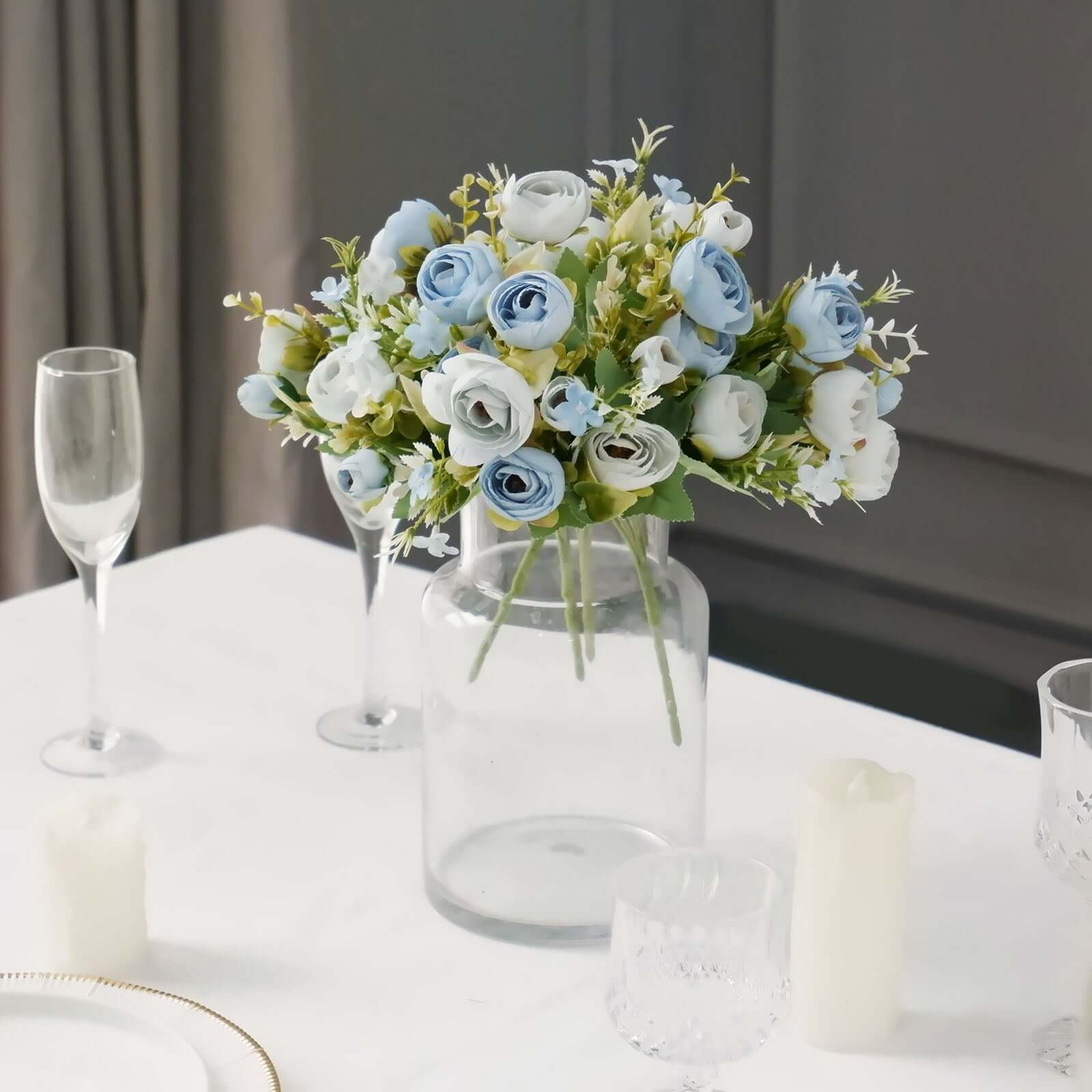 4-Pack Dusty Blue Artificial Ranunculus Silk Flower Bouquets for Bridal and Decor