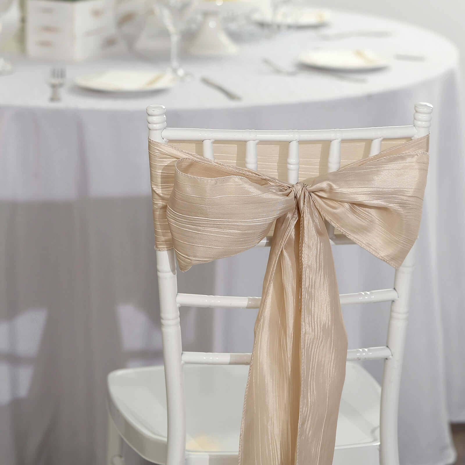 5-Piece Set of Beige Accordion Crinkle Taffeta Chair Sashes (6x106) - Ideal for Weddings and Gatherings
