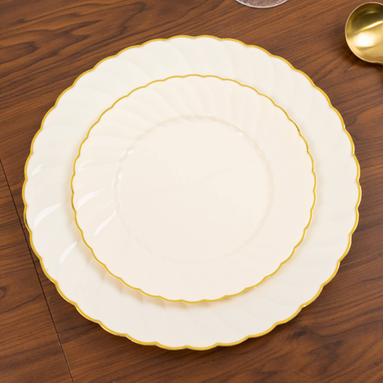 10-Pack Disposable Ivory Plastic Salad Dessert Plates with Gold Flair Rim - Great for Parties