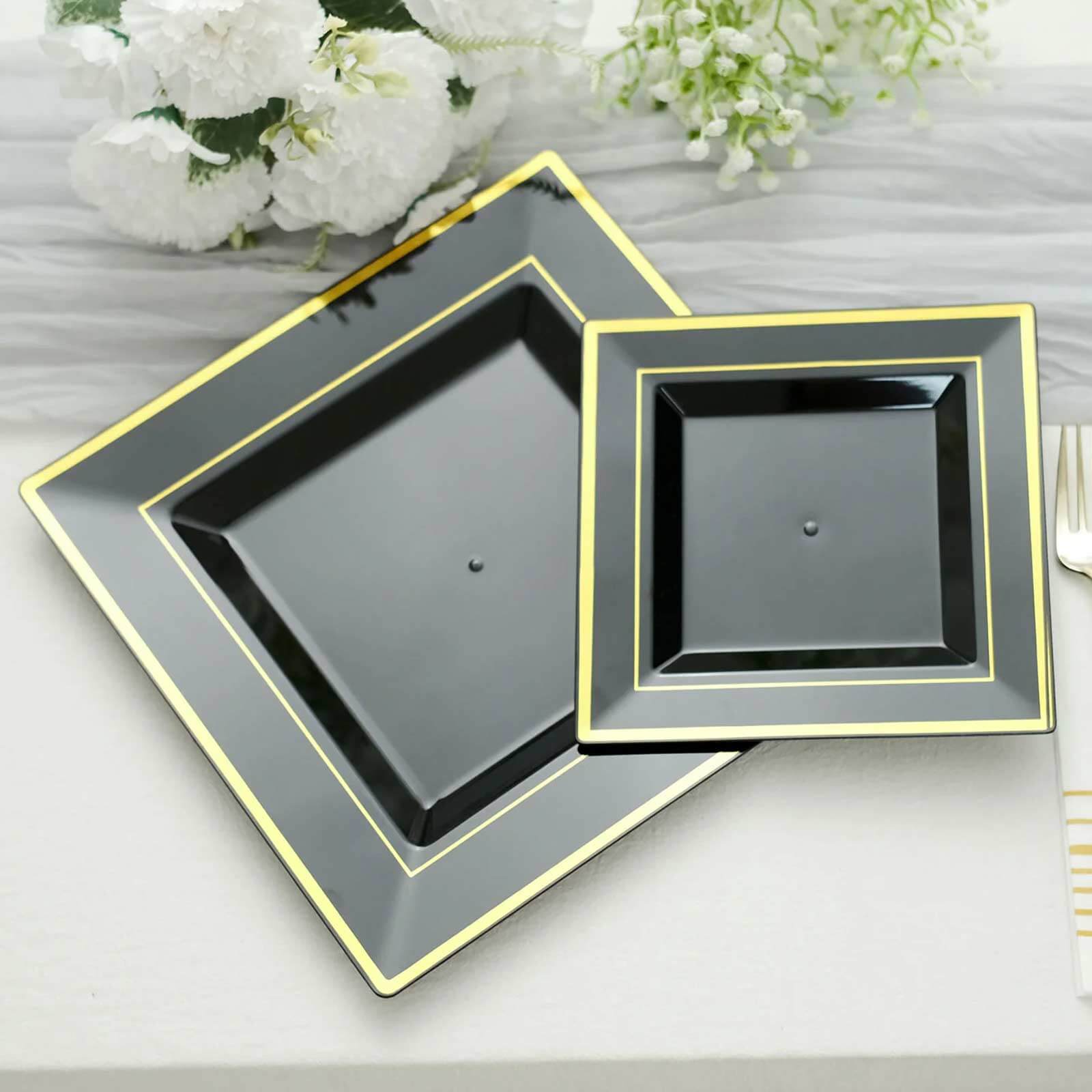10-Piece Set of Durable Disposable Black Square Salad & Dessert Plates with Gold Trim, 7 Inches