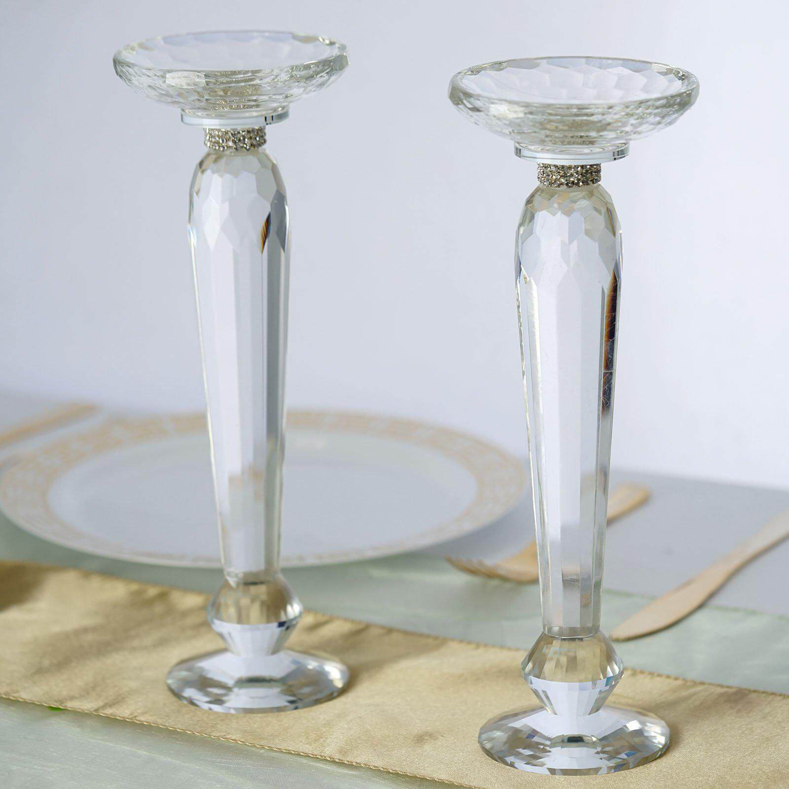 2-Pack 11-Inch Cut Crystal Glass Pillar Candle Holders for Decorative Use