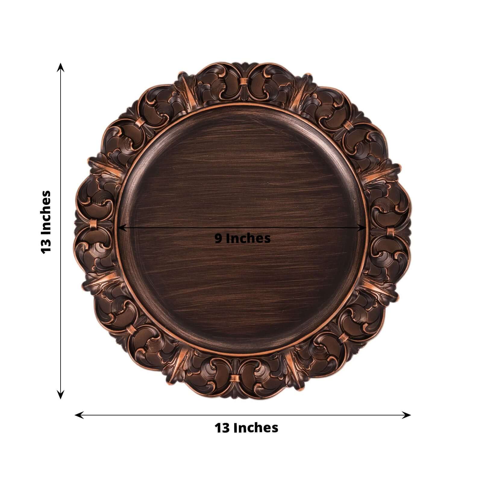 6-Piece Set of 13-Inch Dark Brown Acrylic Round Chargers with Elegant Retro Baroque Rim