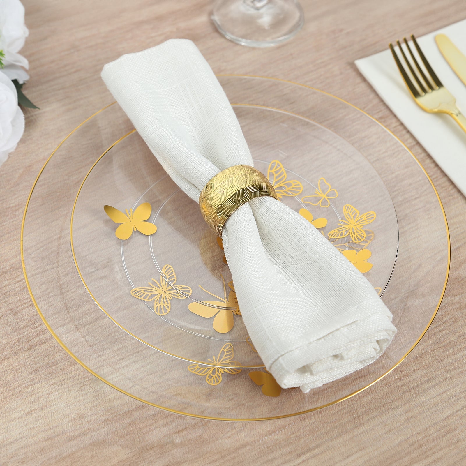 Get 20-Piece Clear Plastic Dinner & Salad Plates with Gold Butterfly Design & Rim - Stylish Disposable Ware