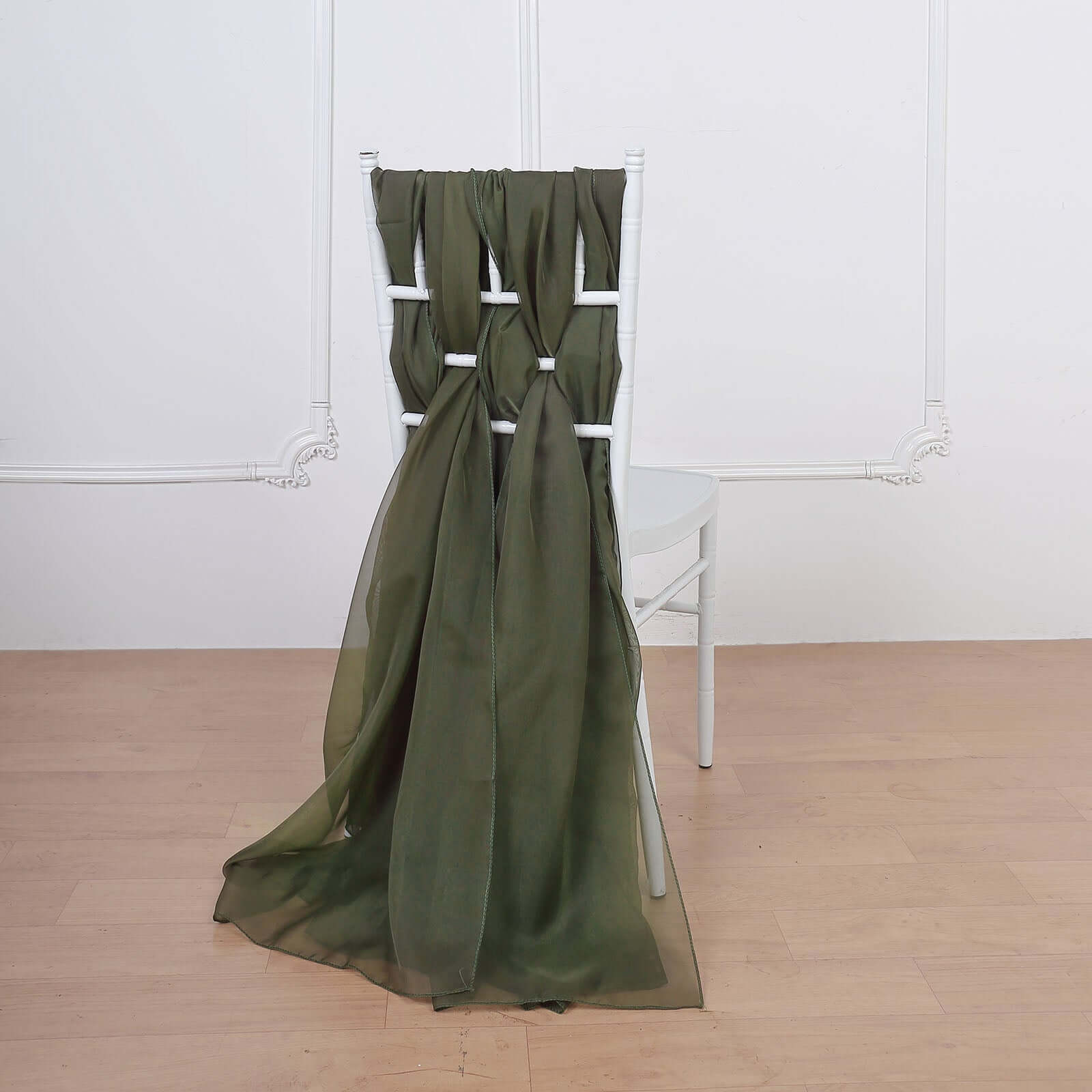 5-Pack Olive Green Premium Chiffon Chair Sashes - Soft, Lightweight Designer Bows