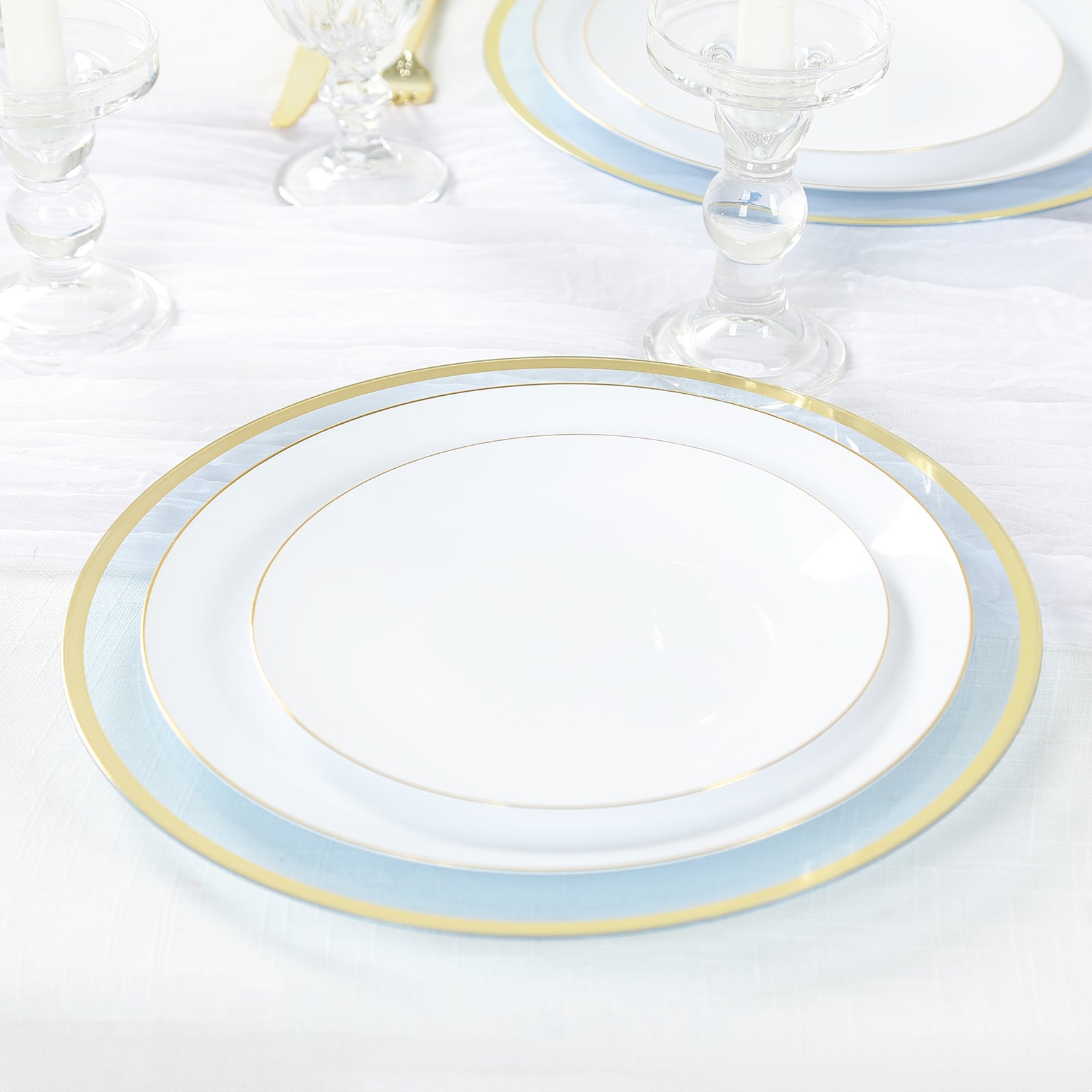 Economy 10-Pack 12-Inch Transparent Dusty Blue Round Plastic Charger Plates with Wide Gold Rim for Party Serving