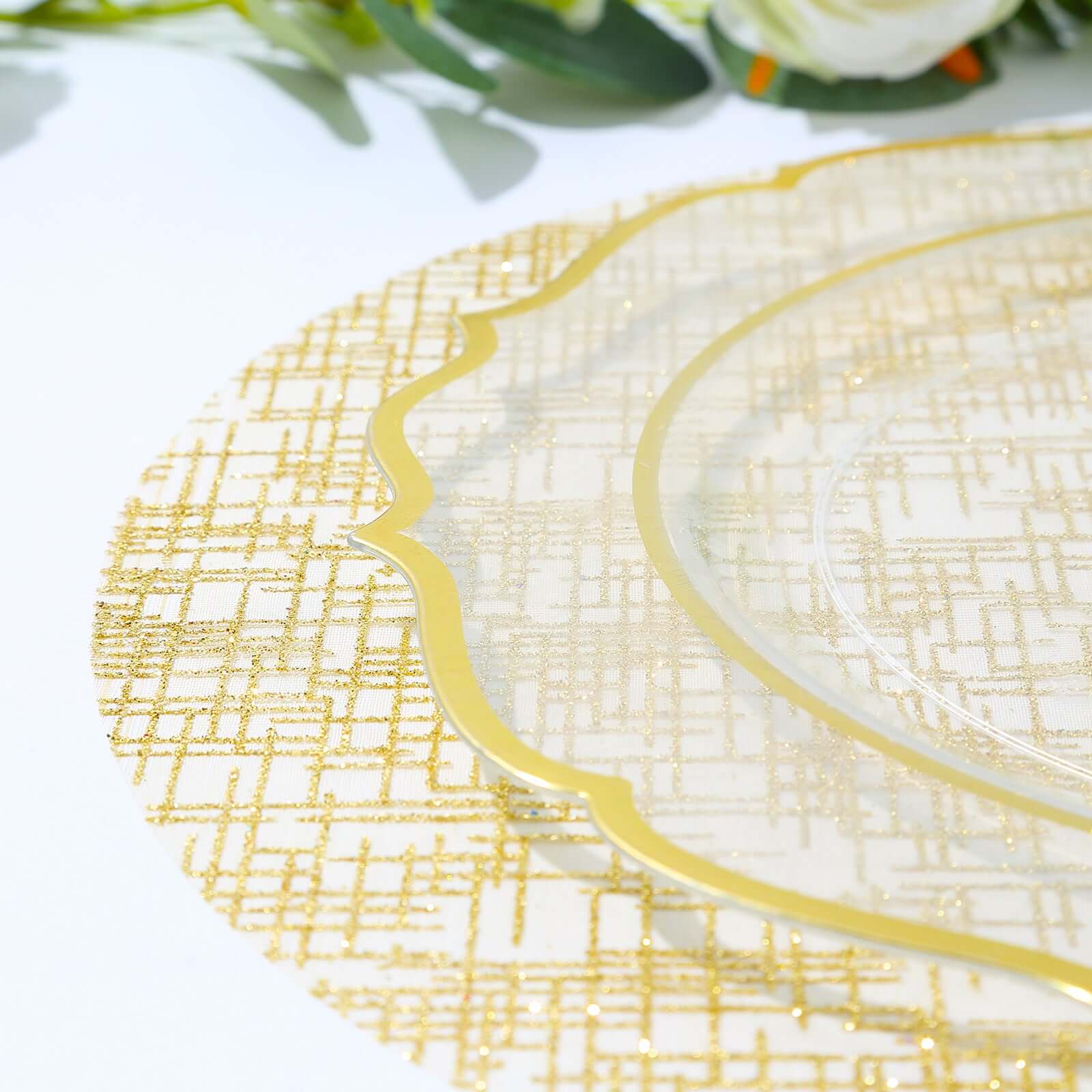 Hot Deal! 10-Pack Disposable Metallic Gold Round Table Placemats with Glitter Mesh Polyester Design