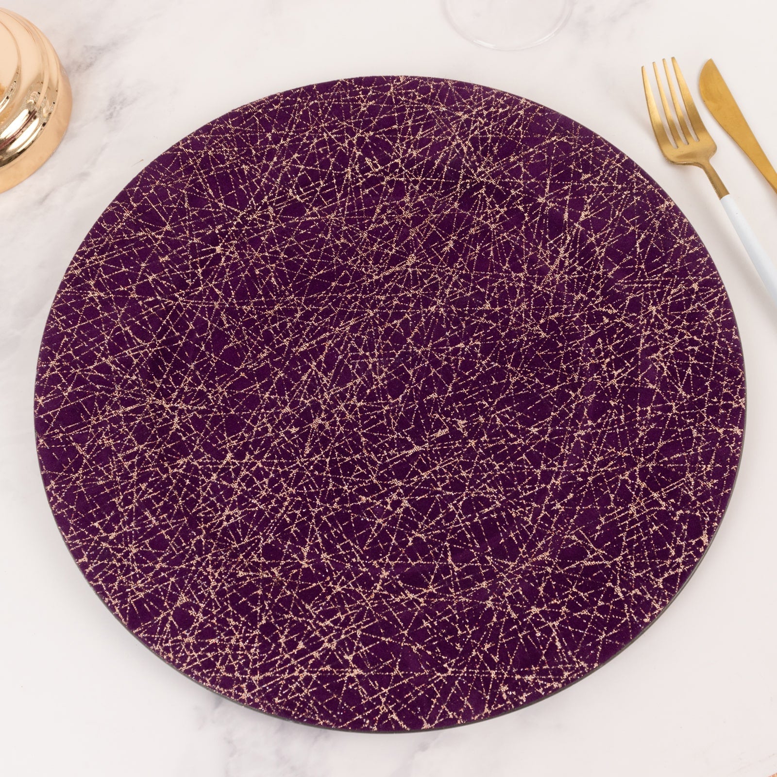 6-Piece Set of 13-Inch Purple Acrylic Round Charger Plates with Gold Glitter Abstract Design - Ideal for Parties