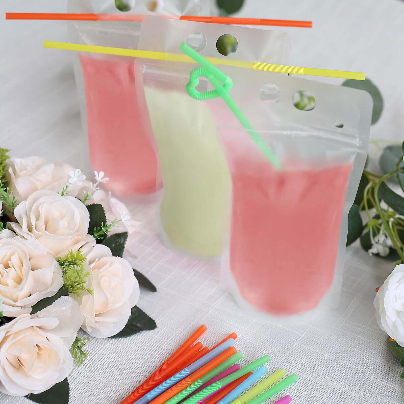 50-Pack Clear 12oz Plastic Reclosable Drink Pouches with Straws - Ideal for Travel & Festivals