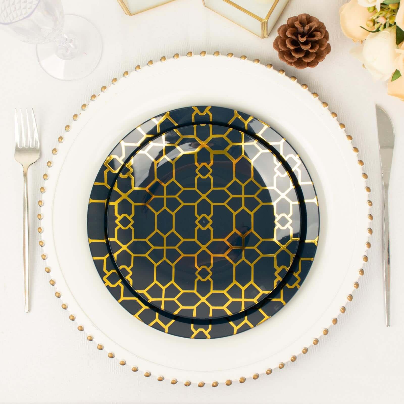 Hot Deal! 20-Pack Navy Blue Plastic Dinnerware Set with Gold Geometric Print for Weddings