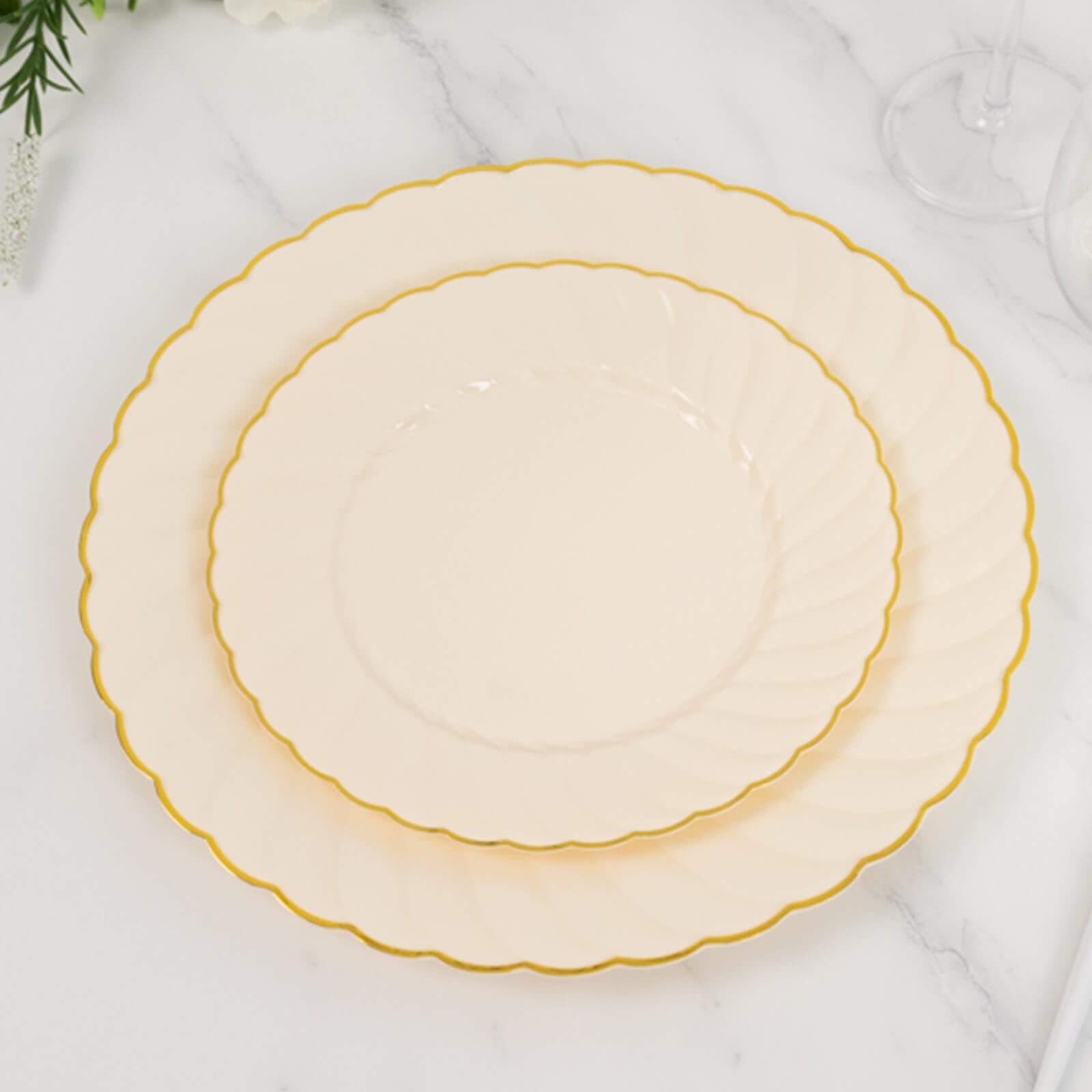 10-Pack Disposable Ivory Plastic Salad Dessert Plates with Gold Flair Rim - Great for Parties