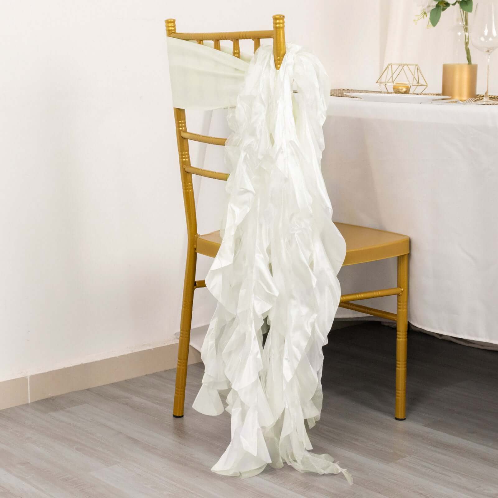 5-Pack Ivory Chiffon Satin Chair Sashes with Curly Willow Style - Easy Installation