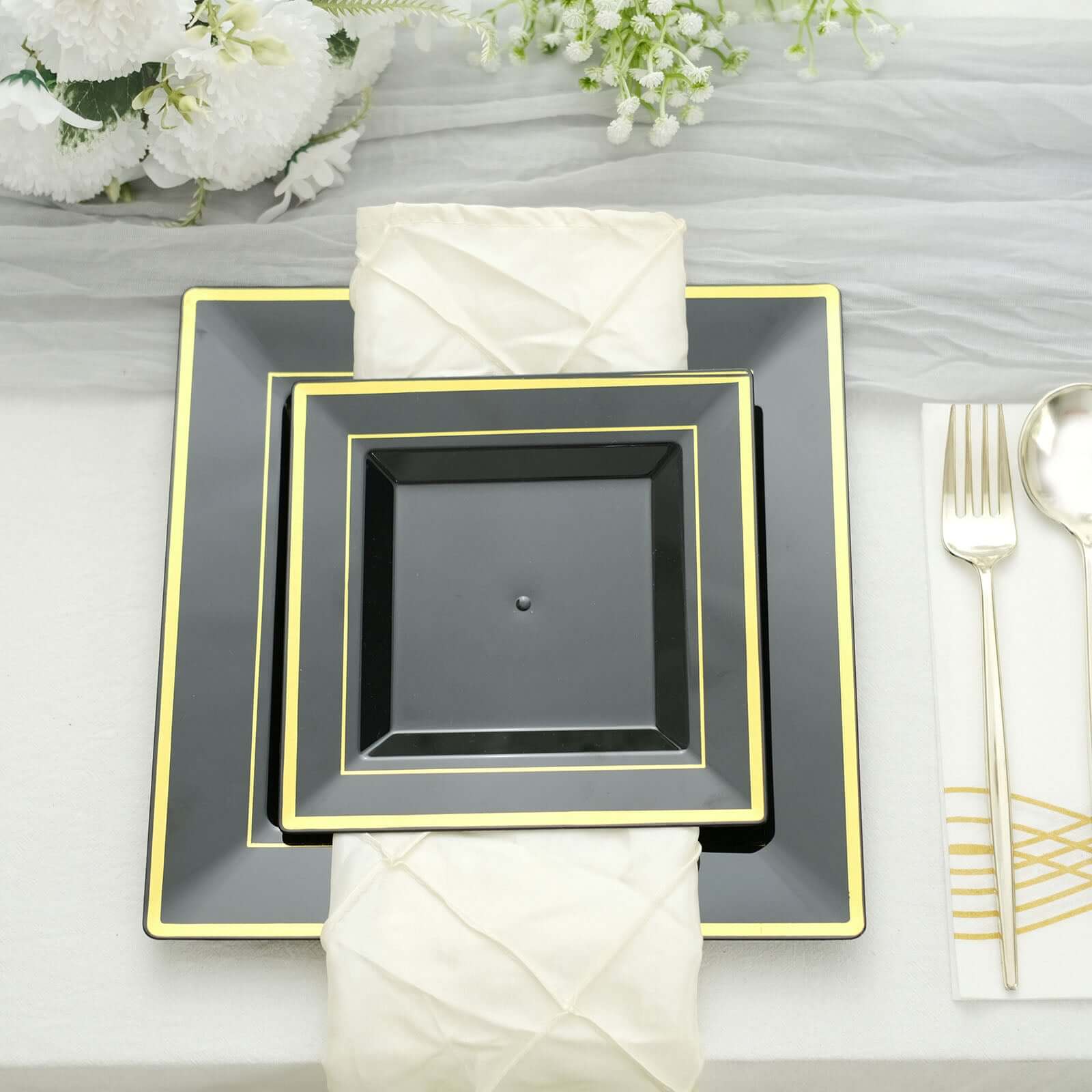 10-Piece Set of Durable Disposable Black Square Salad & Dessert Plates with Gold Trim, 7 Inches