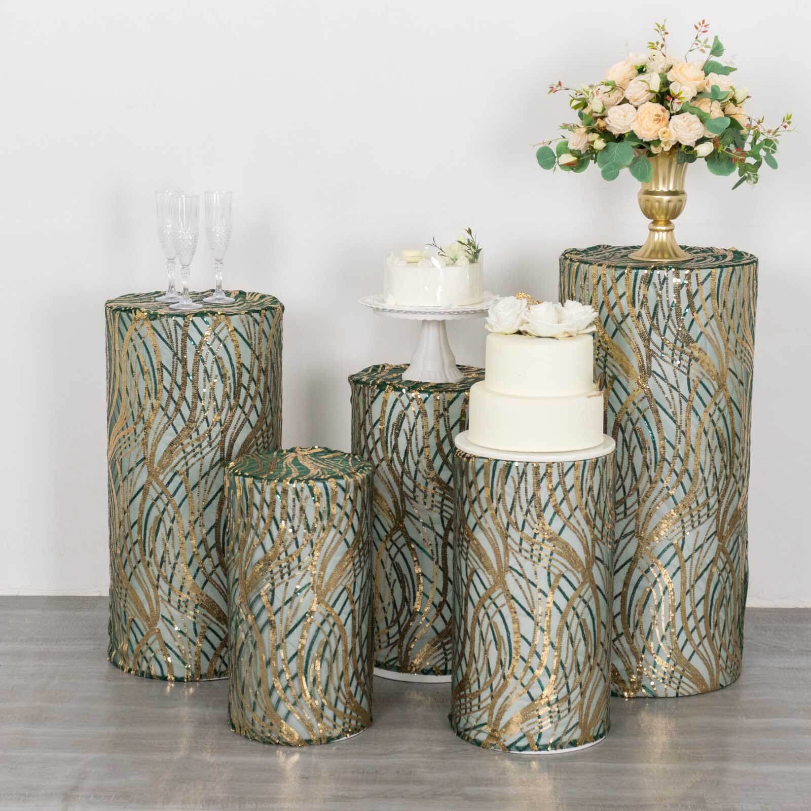 Hot Deal! Set of 5 Emerald Green Wave Sequin Mesh Cylinder Pedestal Stand Covers
