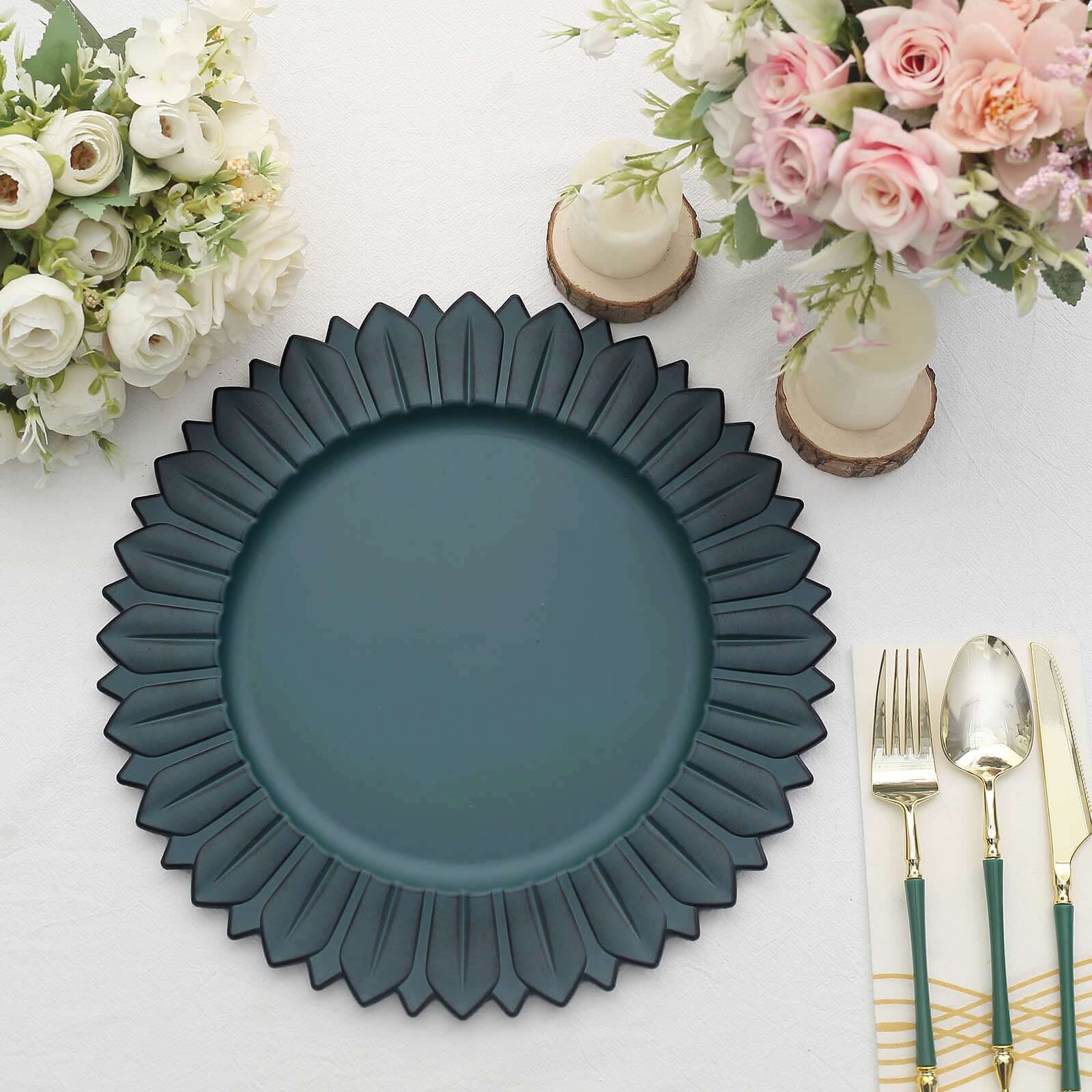 6-Piece Set of 13-Inch Matte Teal Plastic Round Charger Plates with Sunflower Rim