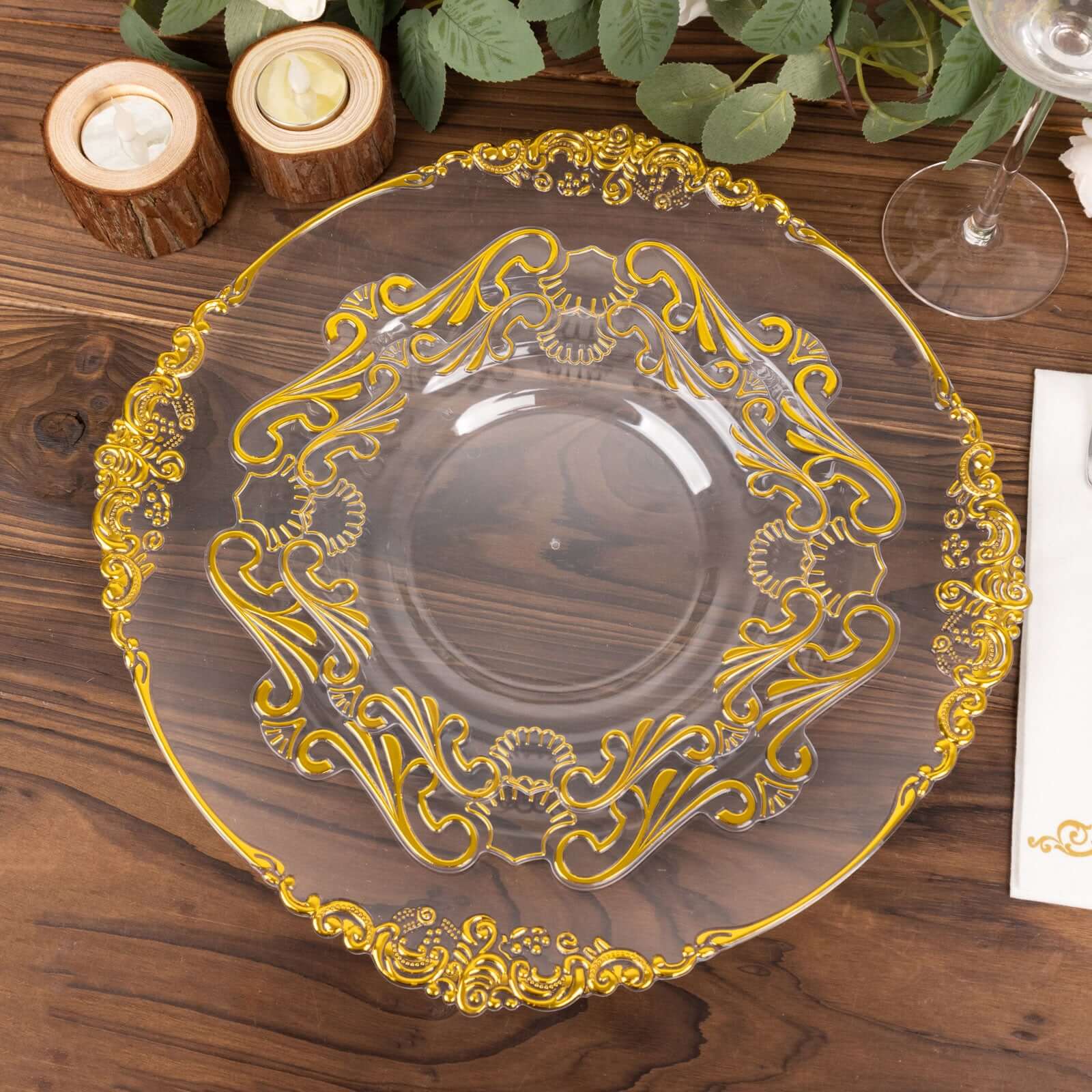 10-Piece Set of Clear Plastic Round Dessert Plates with Gold Vintage Baroque Scalloped Edge