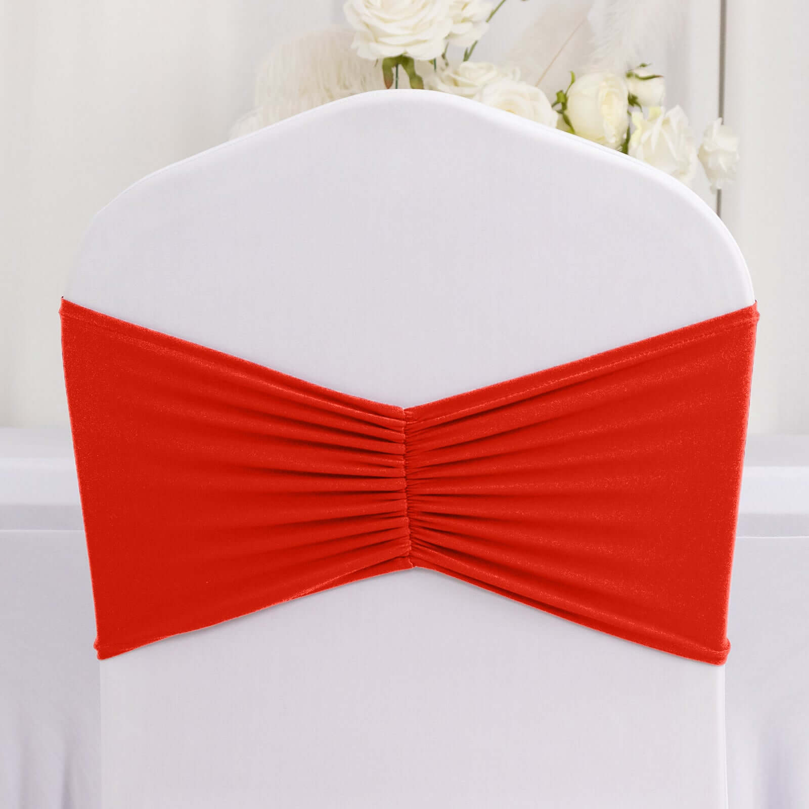 5-Pack Red Ruffled Spandex Chair Sashes - Wide & Easy Stretch Bands