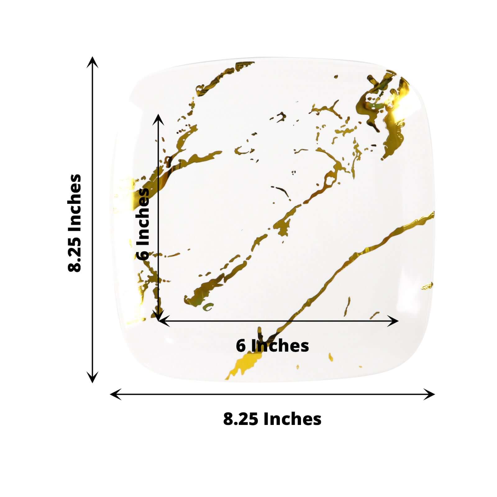 10-Piece Set of White Plastic Square Dessert Plates with Gold Marble Design - Ideal for Weddings and Special Events