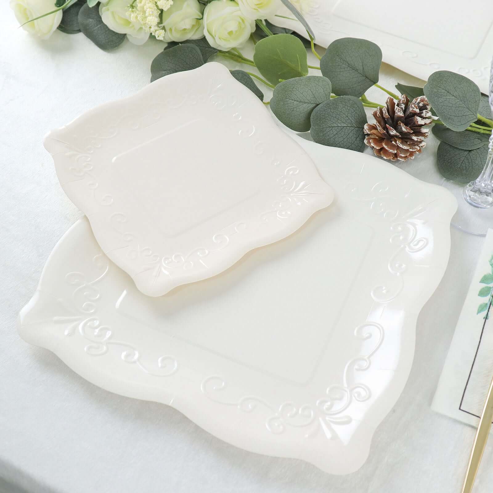 25-Pack White Square 7-Inch Disposable Dessert Plates with Vintage Pottery Embossed Design - Ideal for Special Events