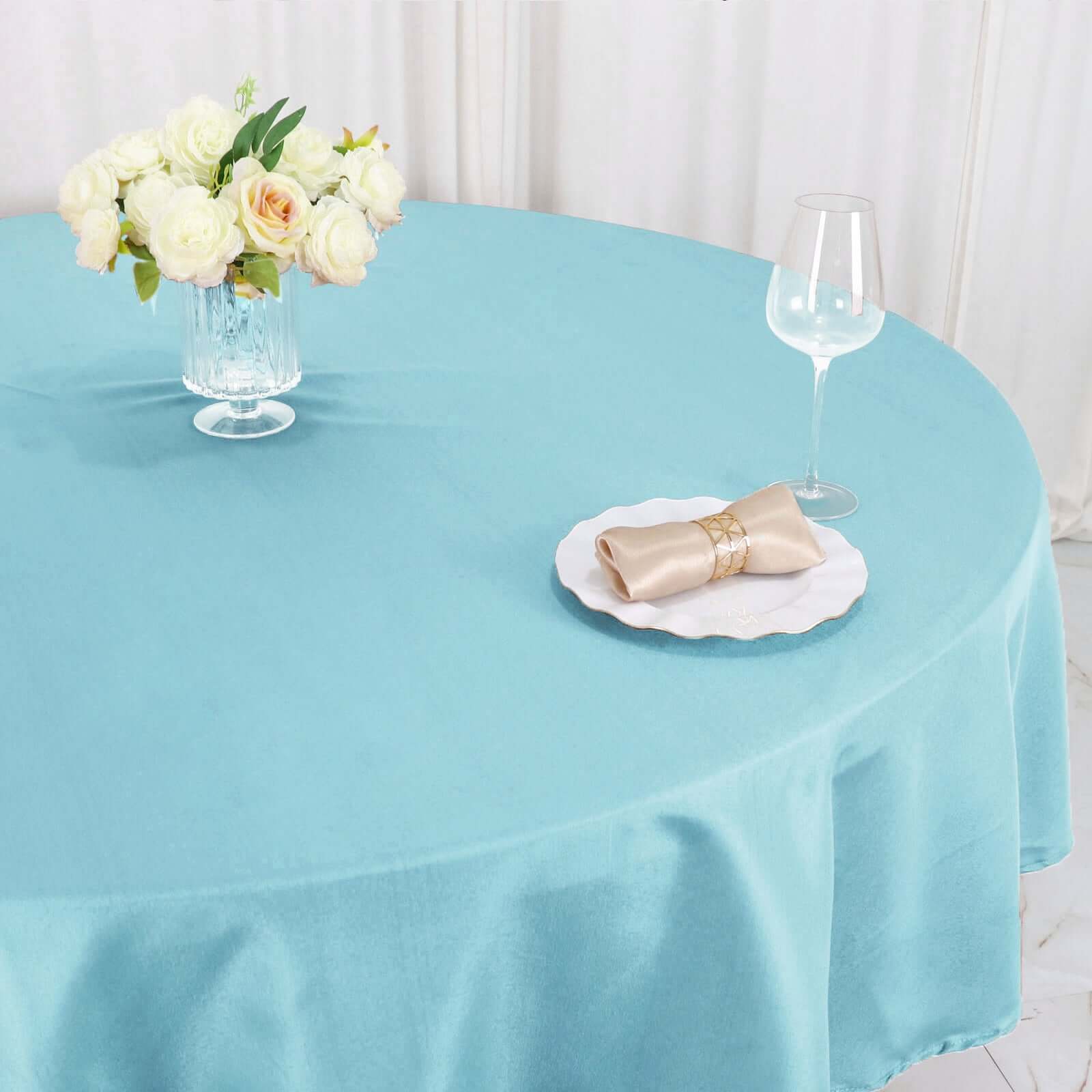 Get This Light Blue 90-Inch Round Polyester Tablecloth - Stain & Wrinkle Free!
